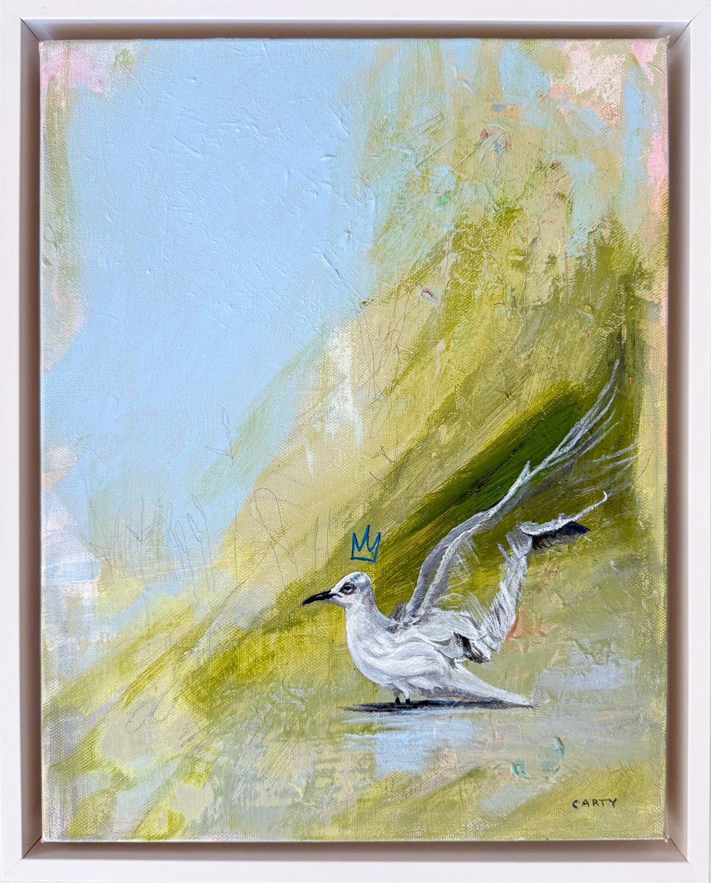 Painting of a white bird with a blue crown on a colorful abstract background painted by Groton, MA artist Megan Carty