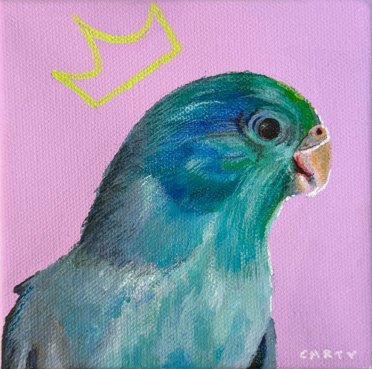 Painting of a blue parrot on a pink background with a yellow crown icon painted by preppy artist Megan Carty