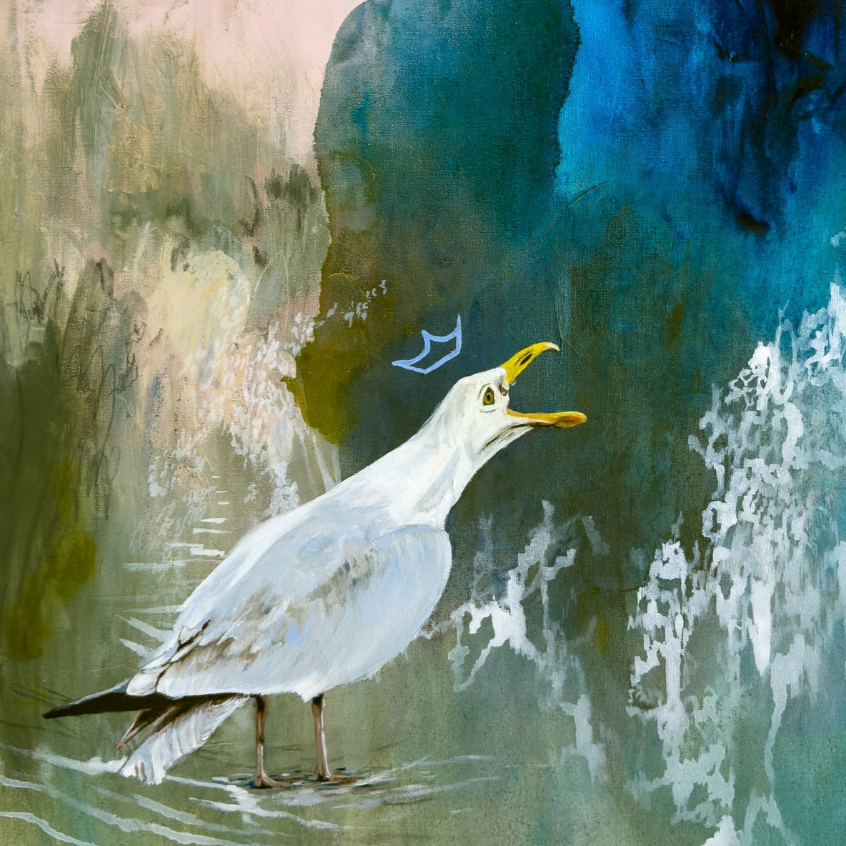 Screaming Seagull by water or void with abstract blue background painted by Megan Carty, coastal theme artwork. Beach House Wall Art.