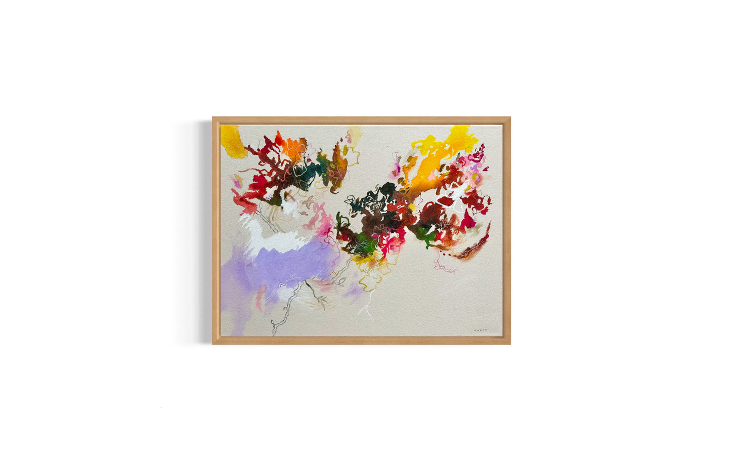 Framed abstract artwork in inks on raw canvas by Megan Carty on a white background