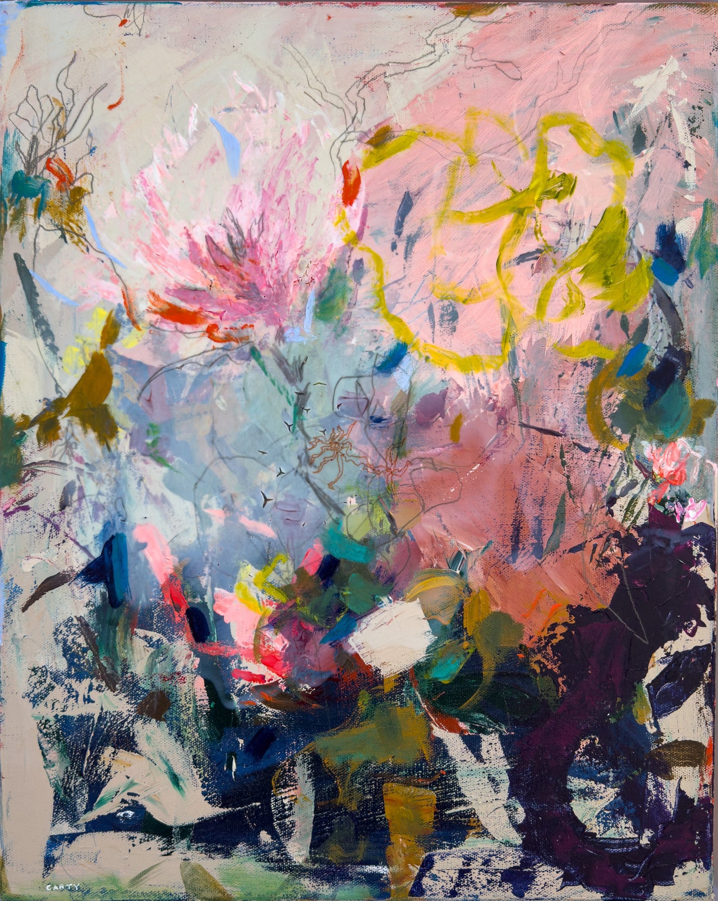 Abstract artwork in warm colors with vibrant colors and shapes by new England artist  Megan Carty