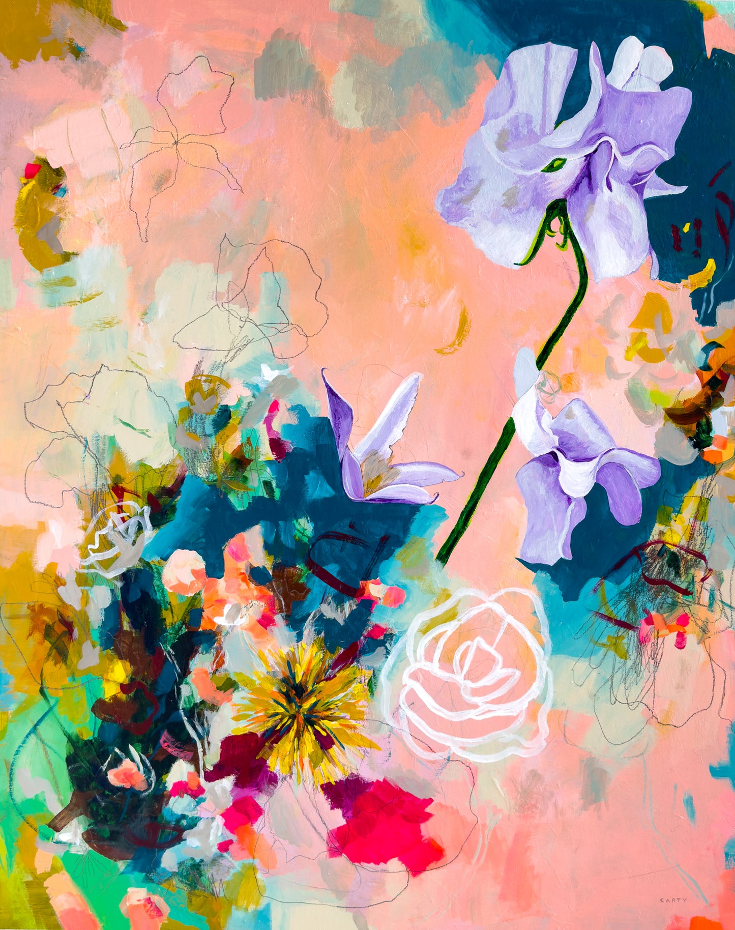 Colorful abstract floral painting with vibrant flowers on a multicolored background, by Groton, MA artist Megan Carty