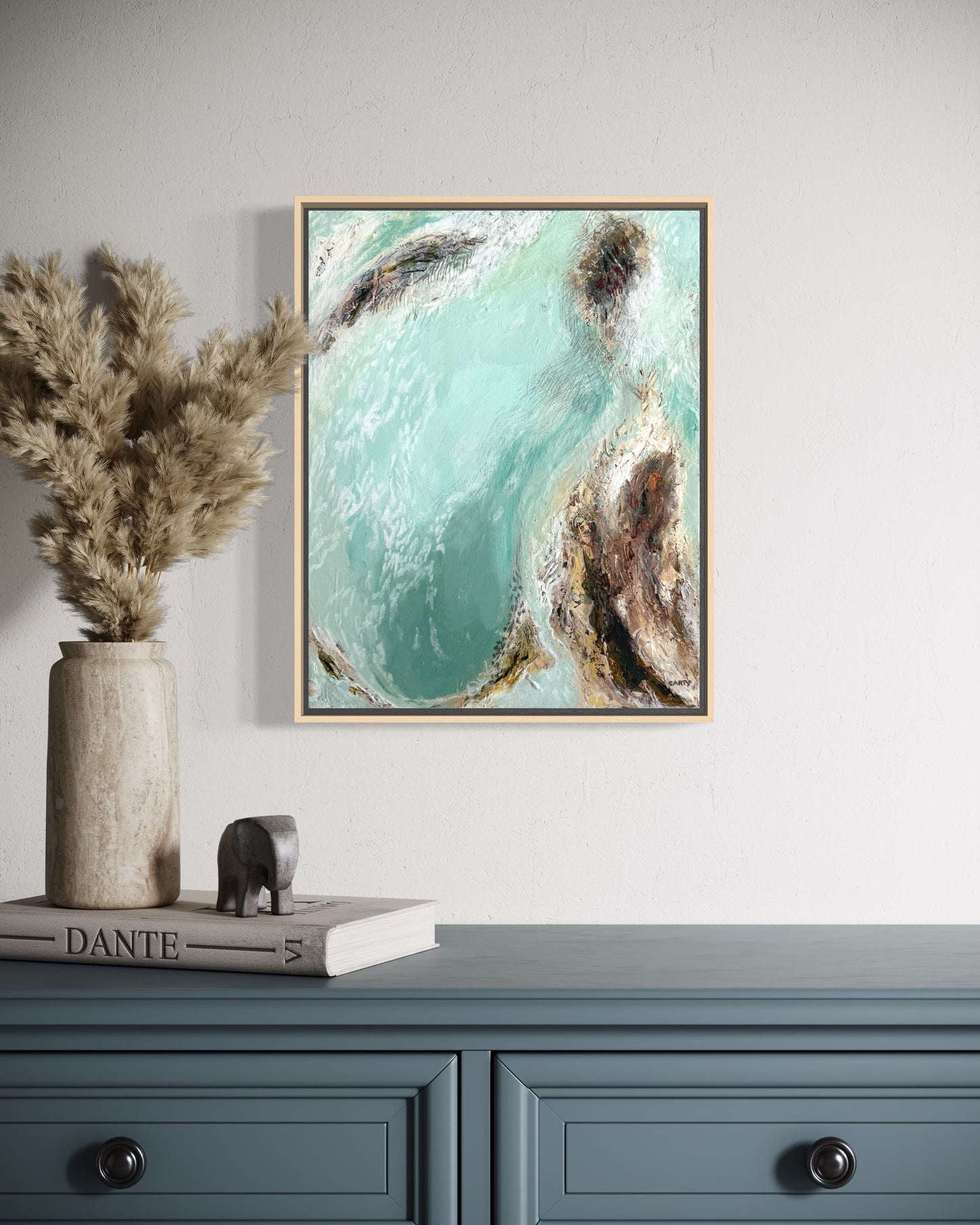 seafoam green mint abstract painting by Boston artist Megan Carty, iceland lagoon over a french blue dresser