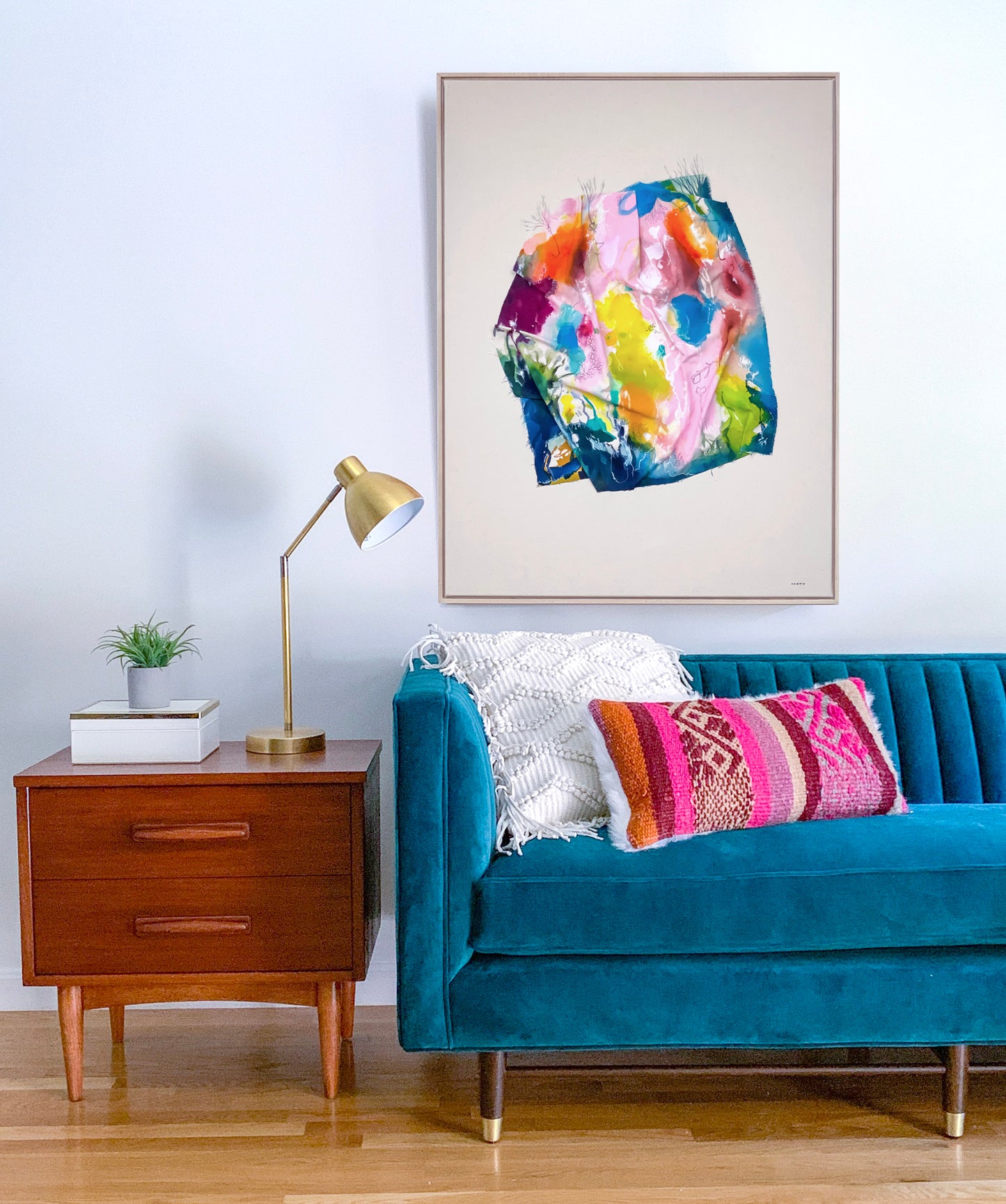 chic minimalist sculptural and colorful abstract landscape painting inspired by Maine by New England artist Megan Carty, perfect for Scandinavian decor