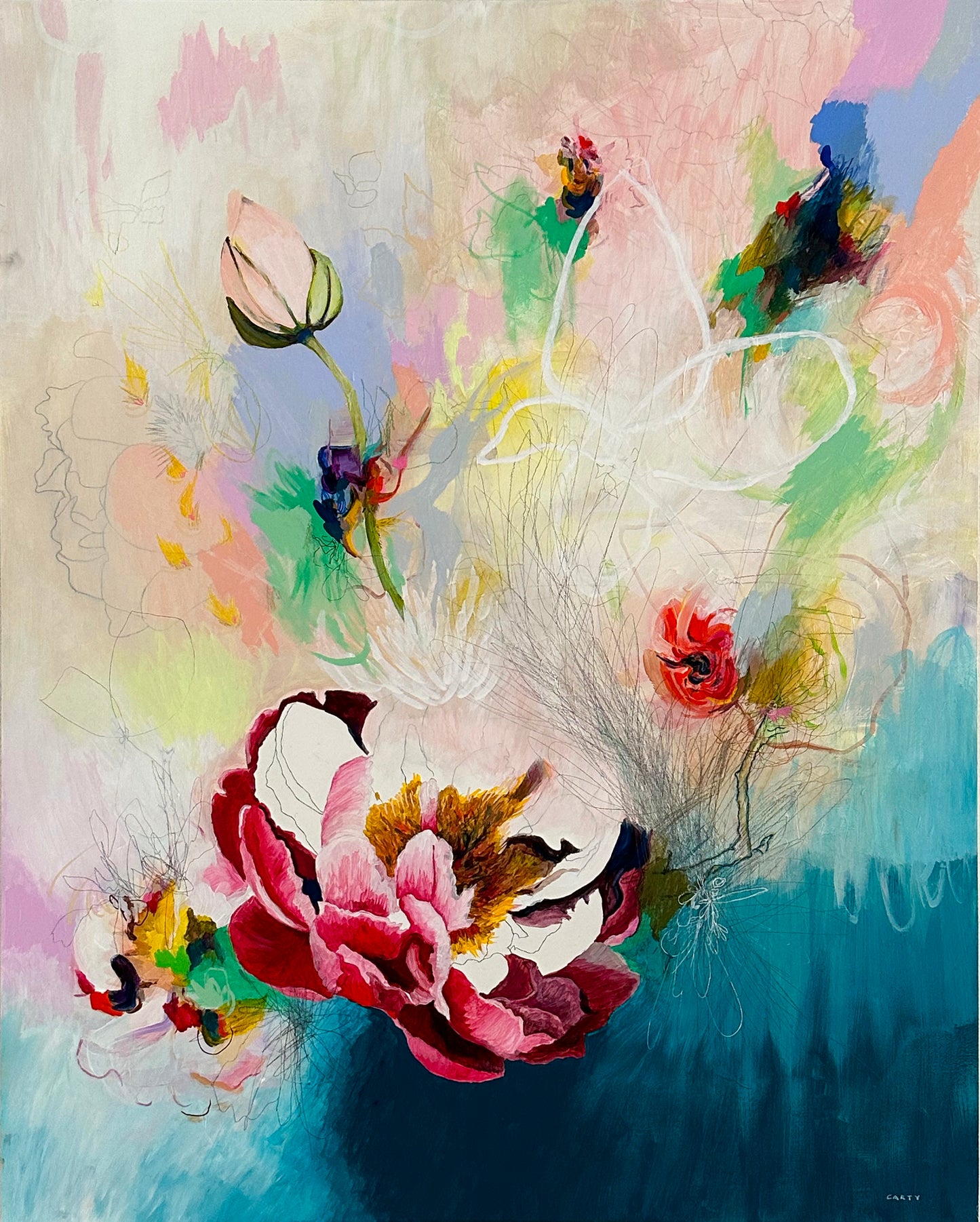 Abstract painting of flowers with a mix of colors on a textured background; a peony and mark making. by Megan Carty from Groton, MA.

