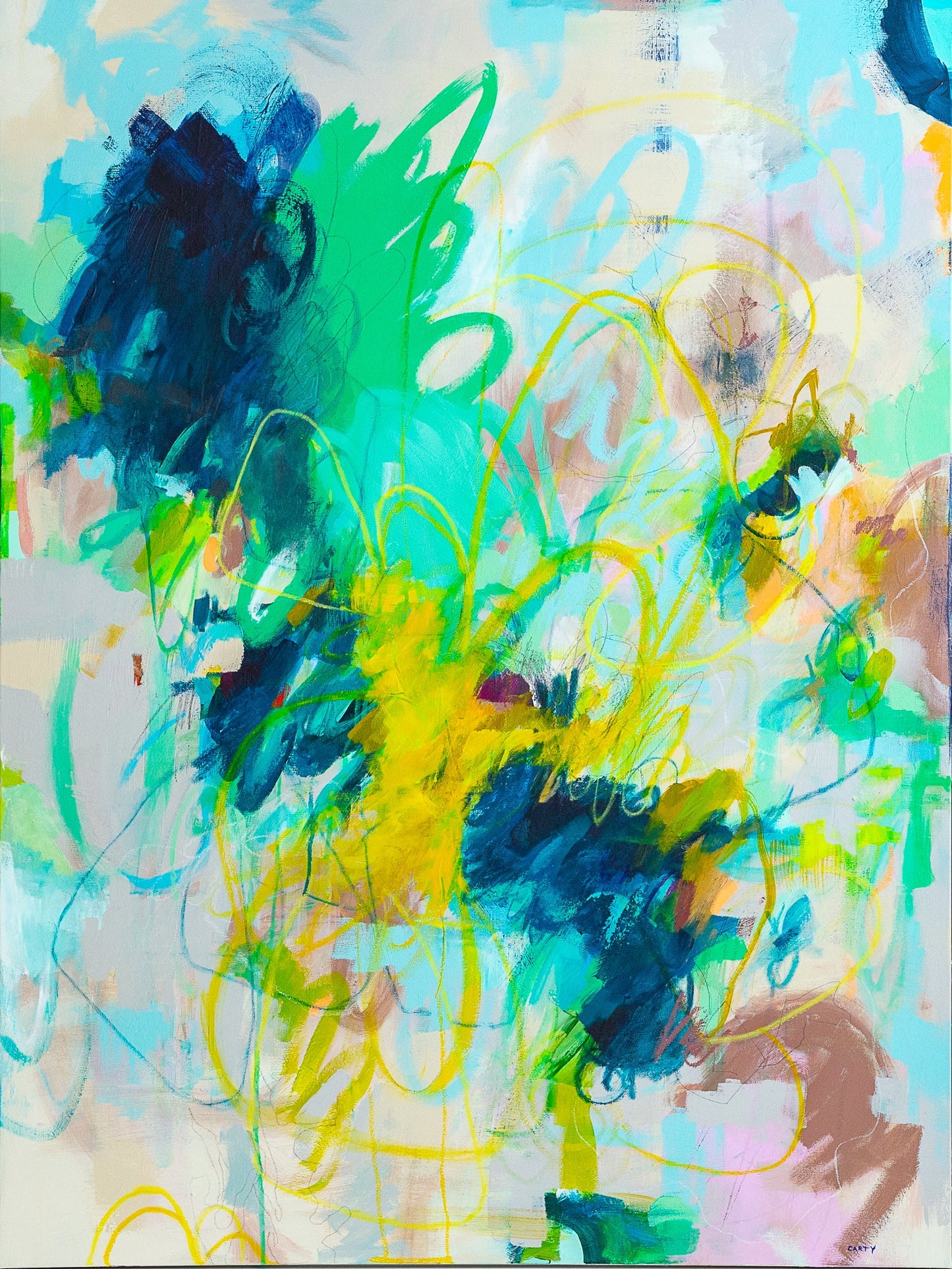 Abstract painting in undersea colors of the coral reef with vibrant colors on a light background by New England artist Megan Carty