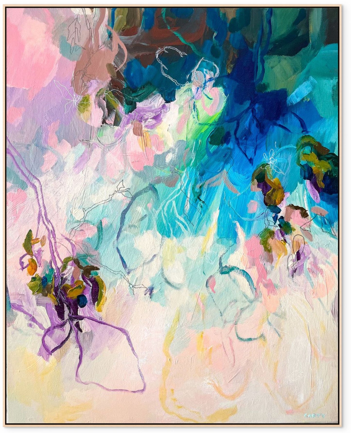 Abstract floral artwork with vibrant colors of blues and pinks and violets and fluid lines