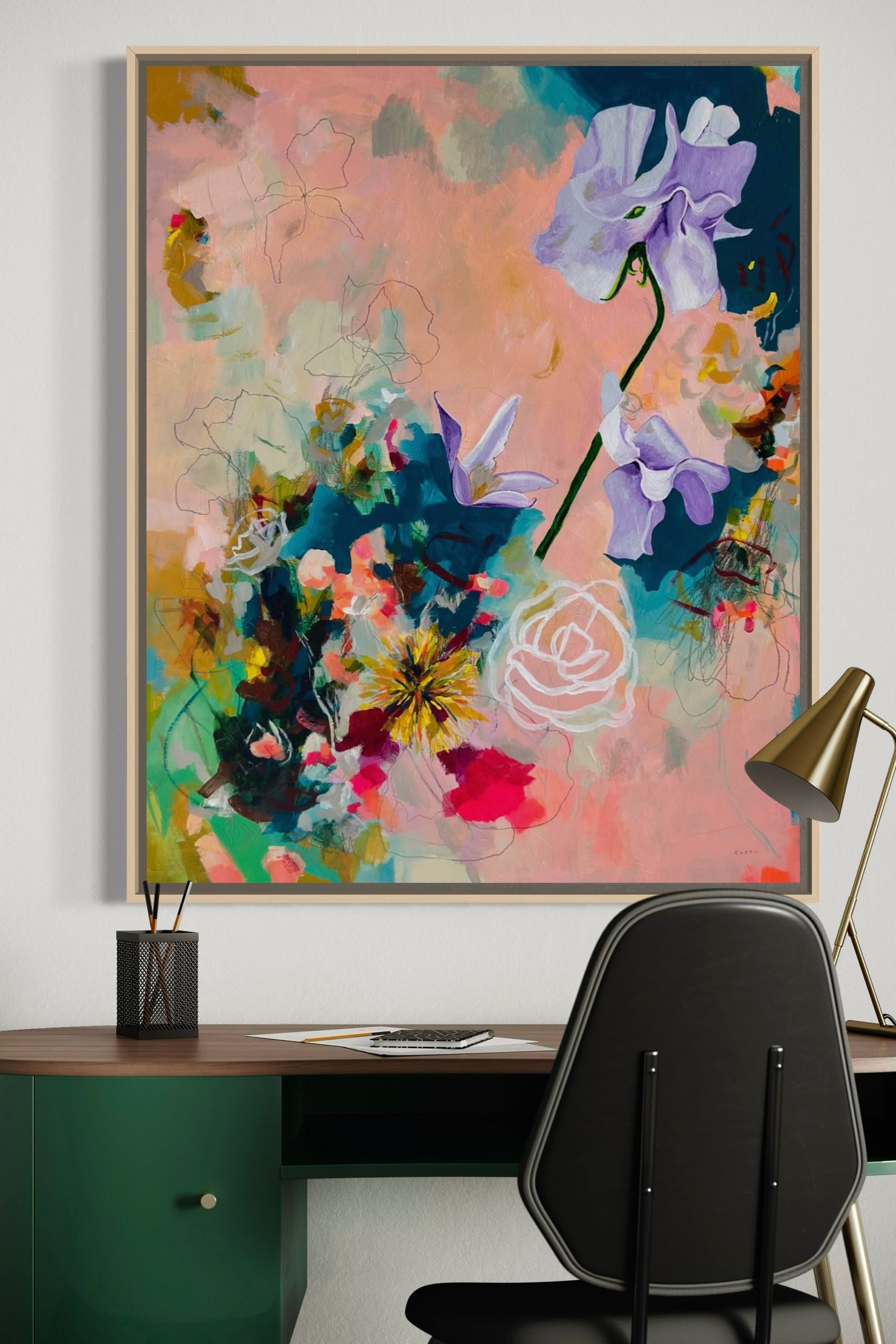 Colorful abstract floral painting with irises painted by New England artist by Megan Carty