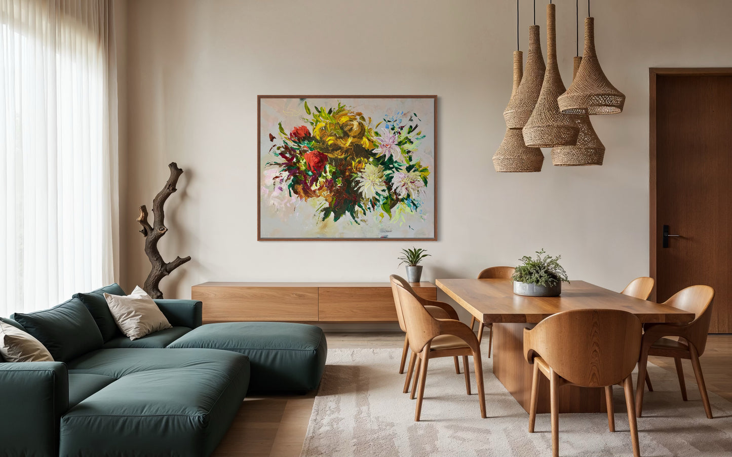 A warm large abstract floral painting by Megan Carty in a Modern living room with a stylish dining area, featuring a sectional sofa, wooden table, and chairs.
