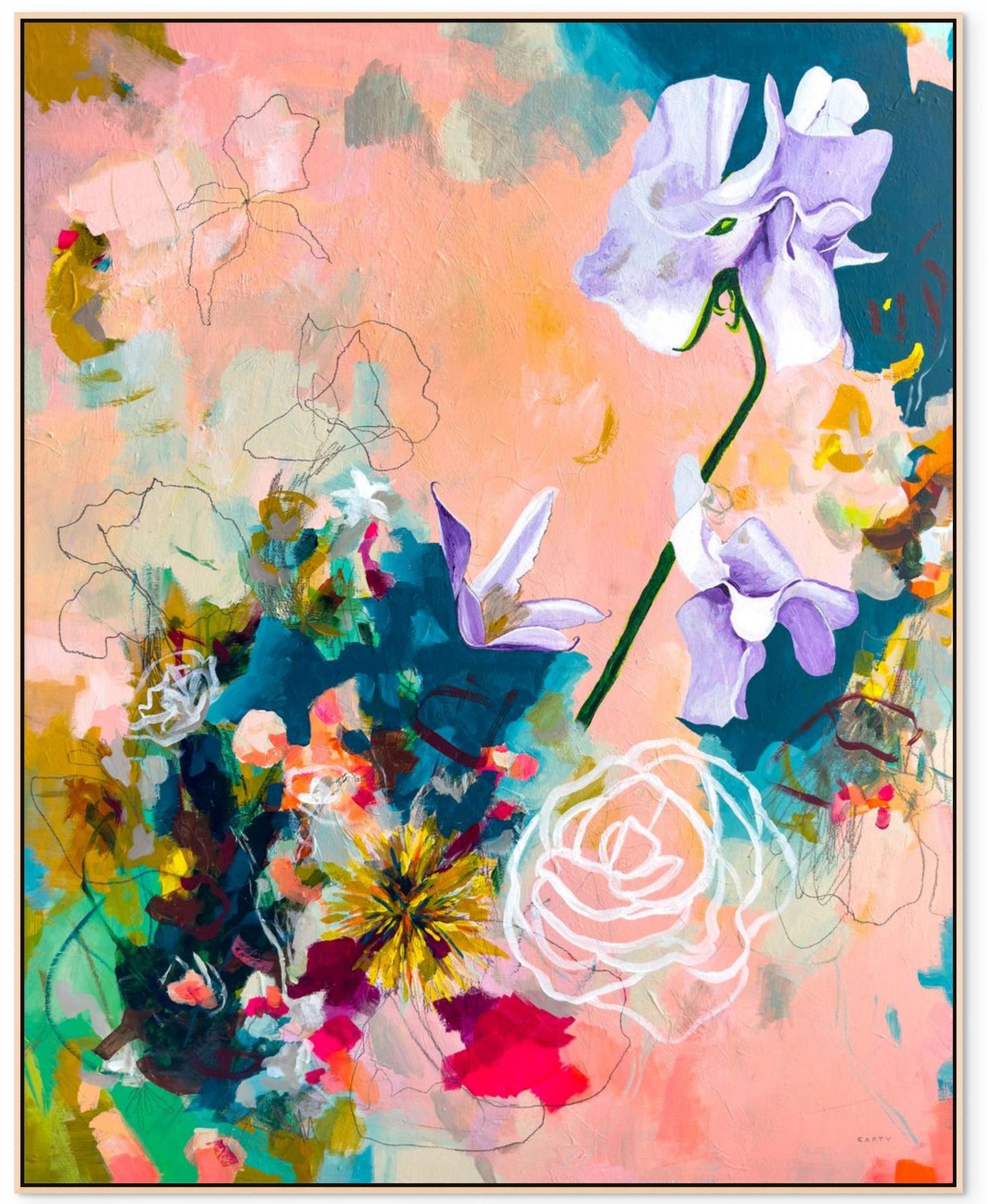 Colorful abstract floral painting with irises painted by New England artist by Megan Carty