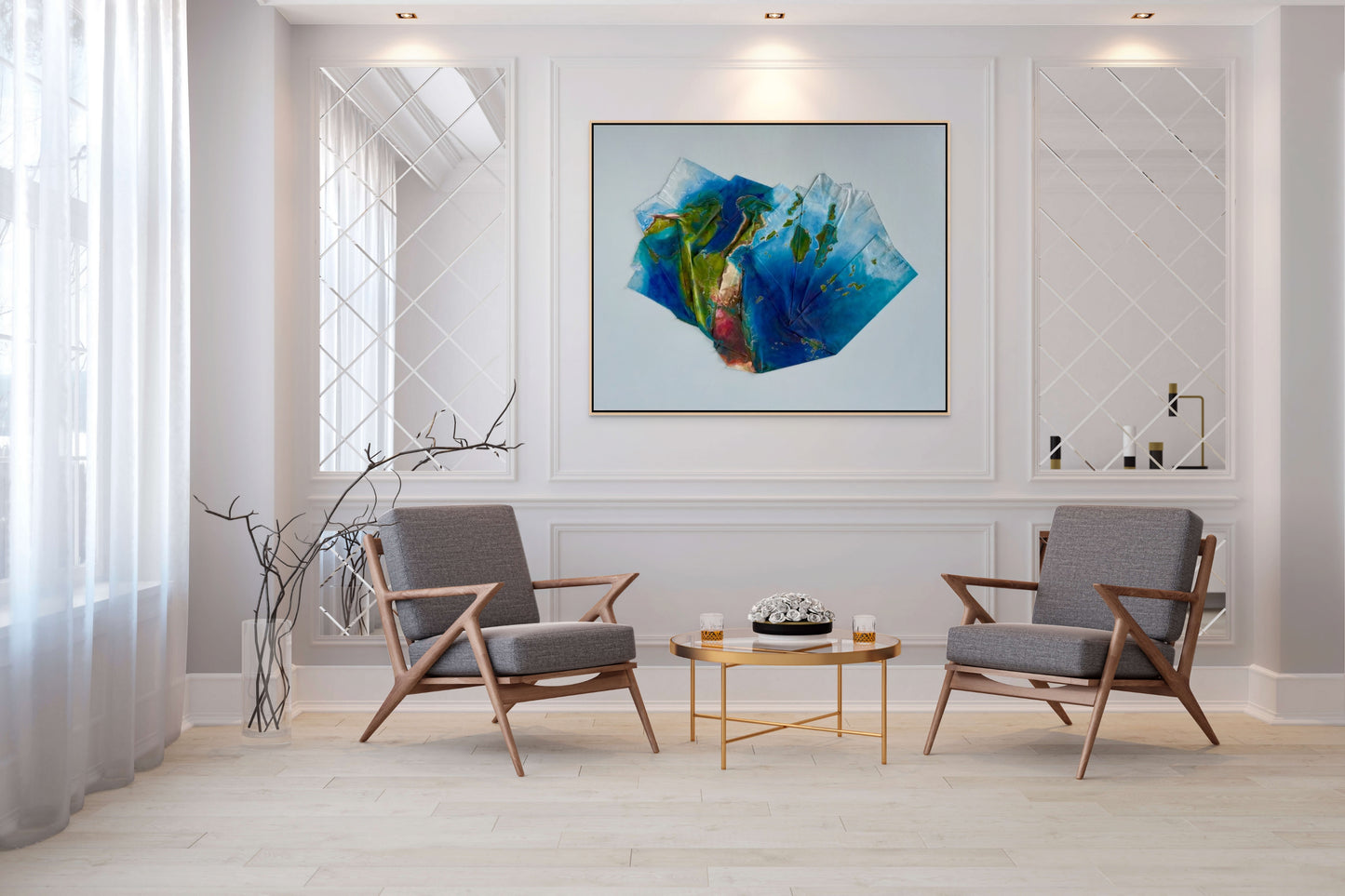 Modern living room with two gray chairs, a small table, and a colorful sculptural abstract landscape painting by New England artist Megan Carty on the wall.