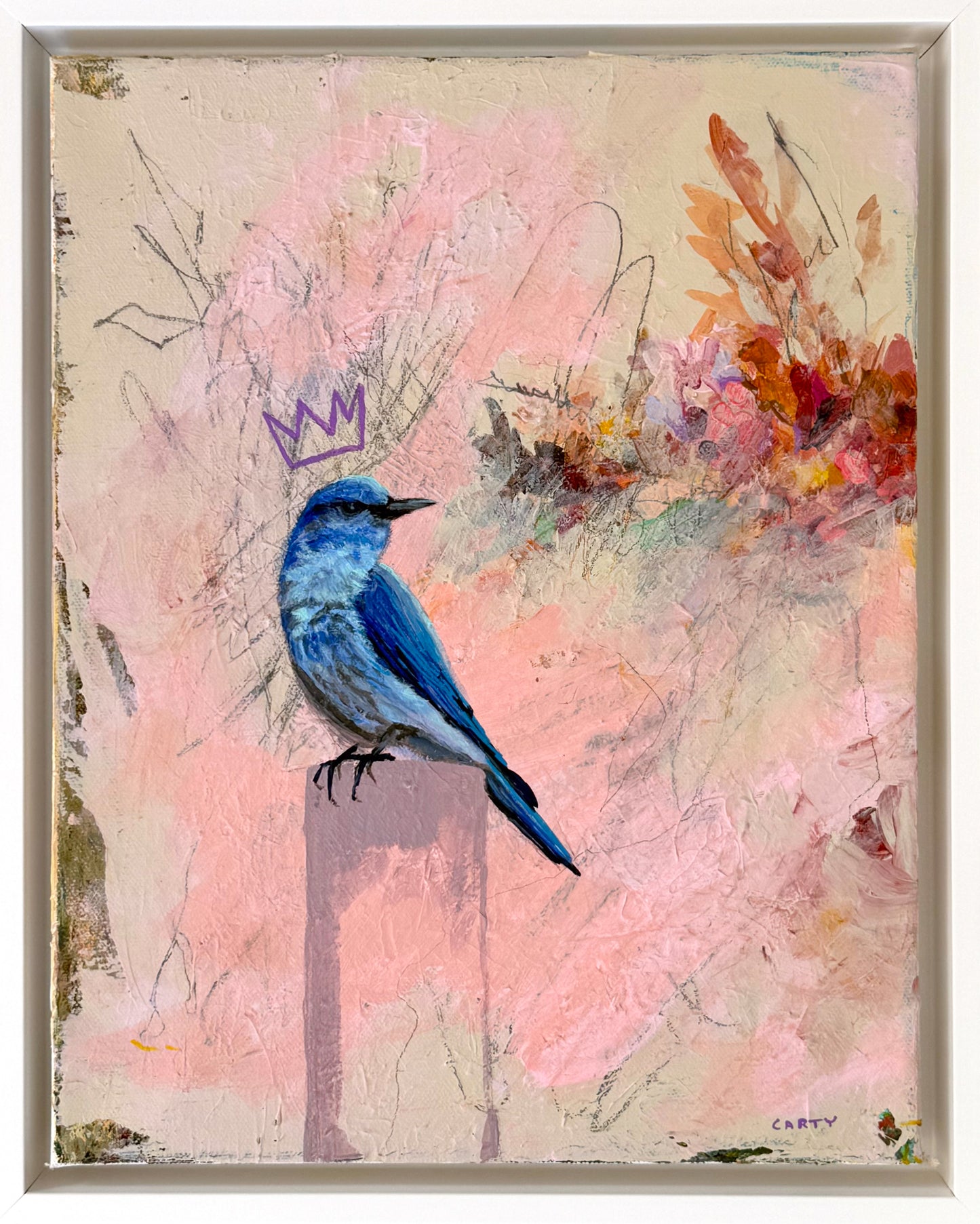 bluebird abstract wall art on abstract floral painting by New England artist Megan Carty