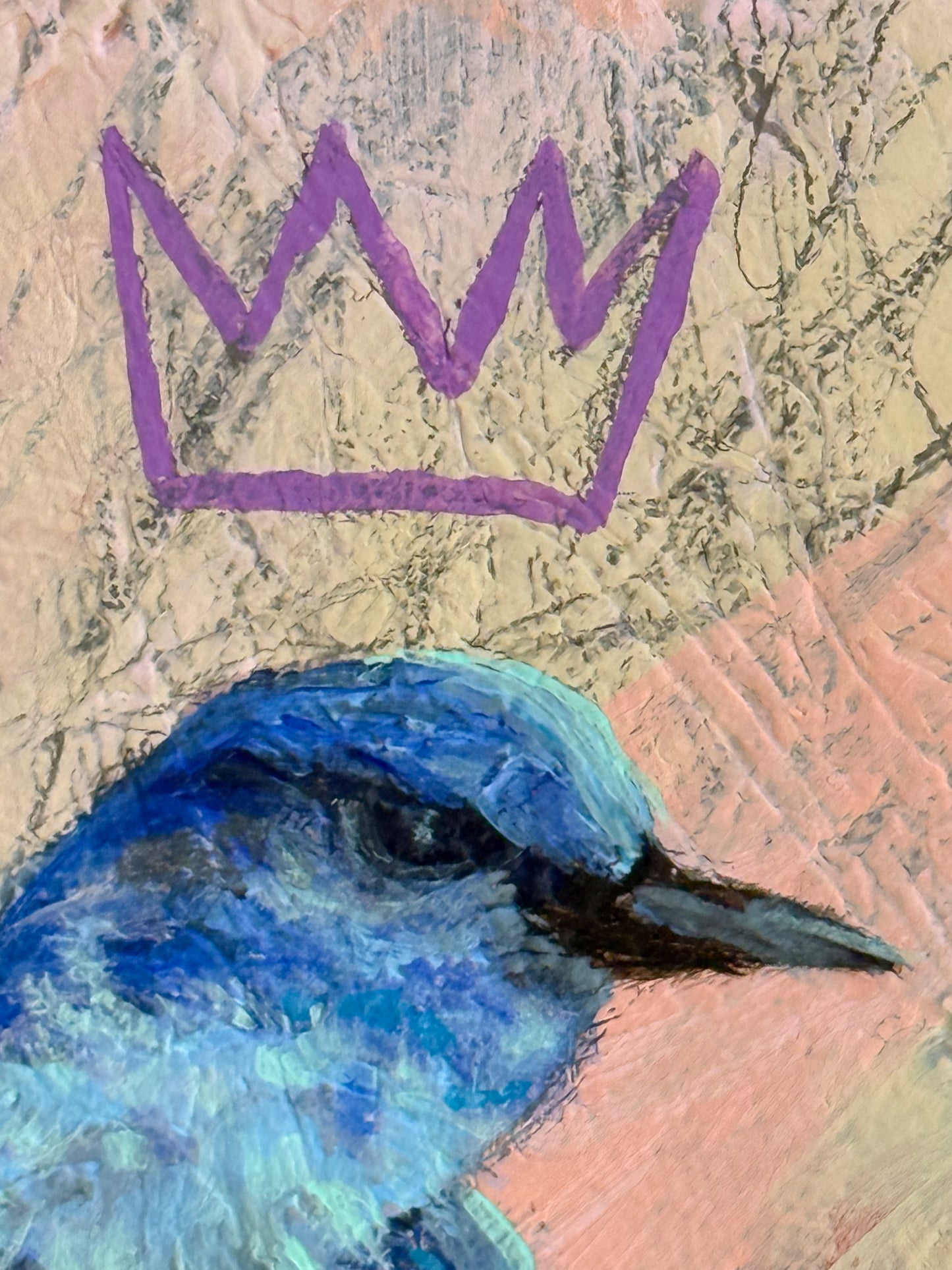 Blue bird with a purple crown on a textured beige background