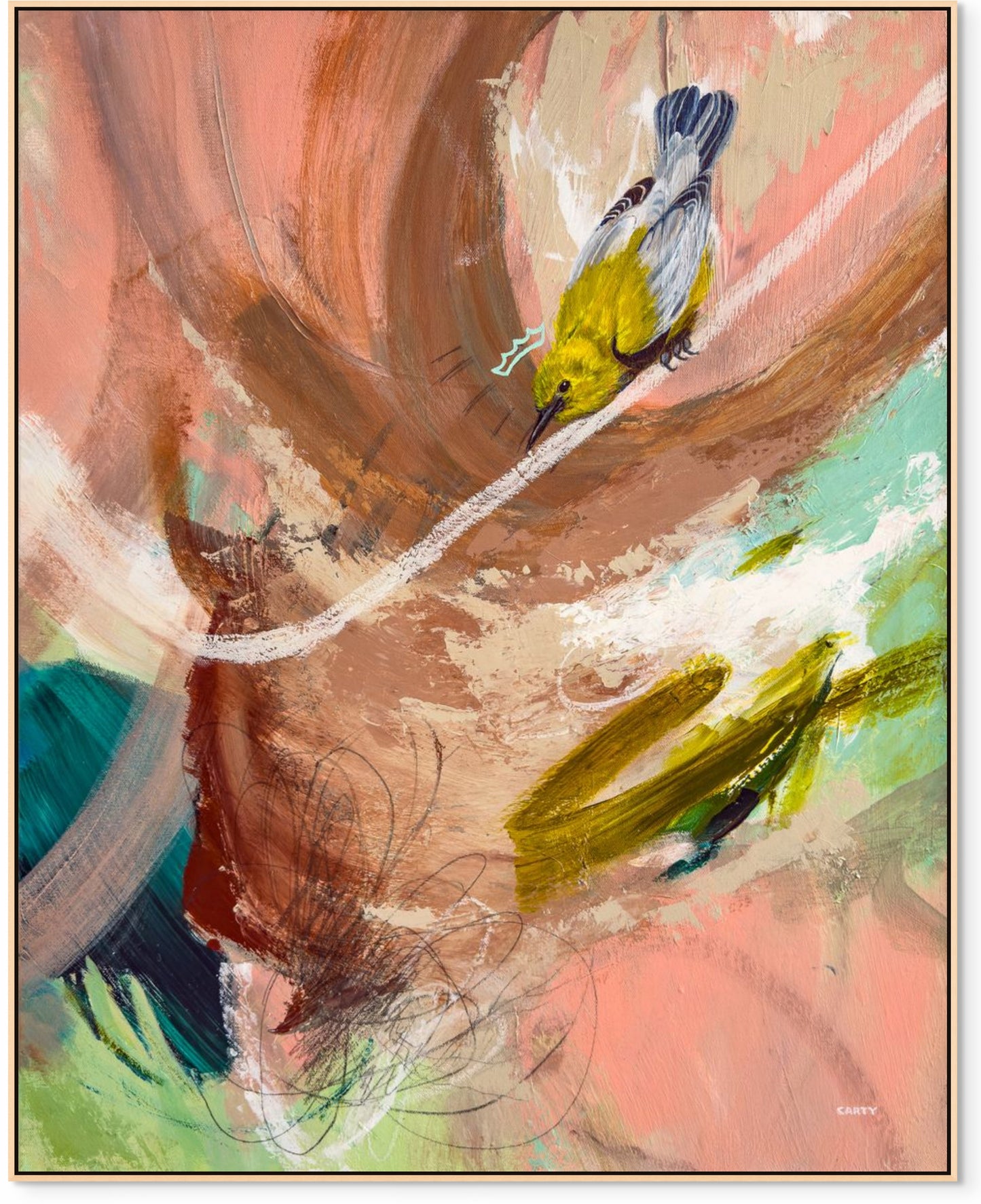 abstract painting in warm desert tones with a yellow bird by Boston area artist Megan Carty