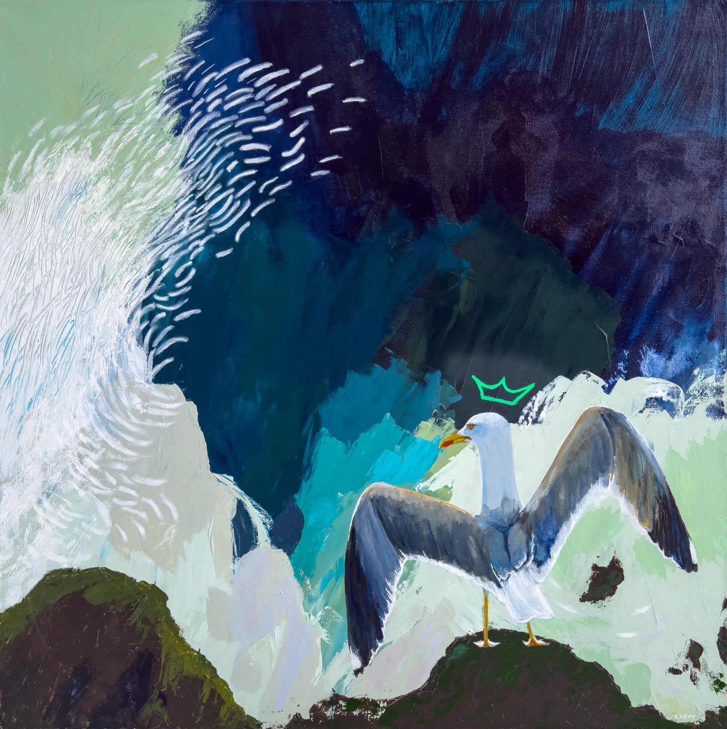 Seagull standing on a rock with a colorful abstract background, bold coastal wall art by Megan Carty