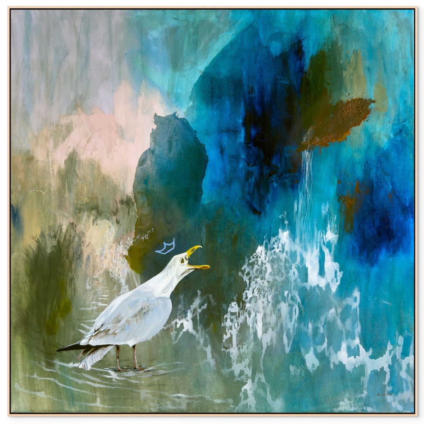 Framed powerful abstract artwork with a bird, a screaming seagull, and water elements on a white wall, below a stack of books and a plant. Painted by New England artist Megan Carty.