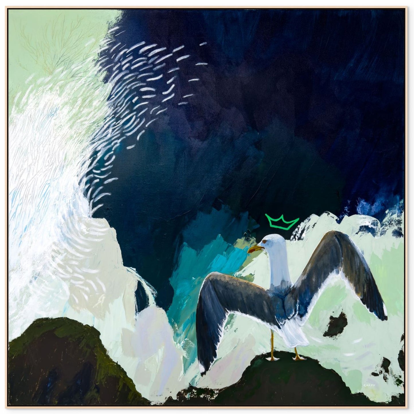 Framed abstract artwork of a crowned seagull with spread wings painted by New England artist Megan Carty.