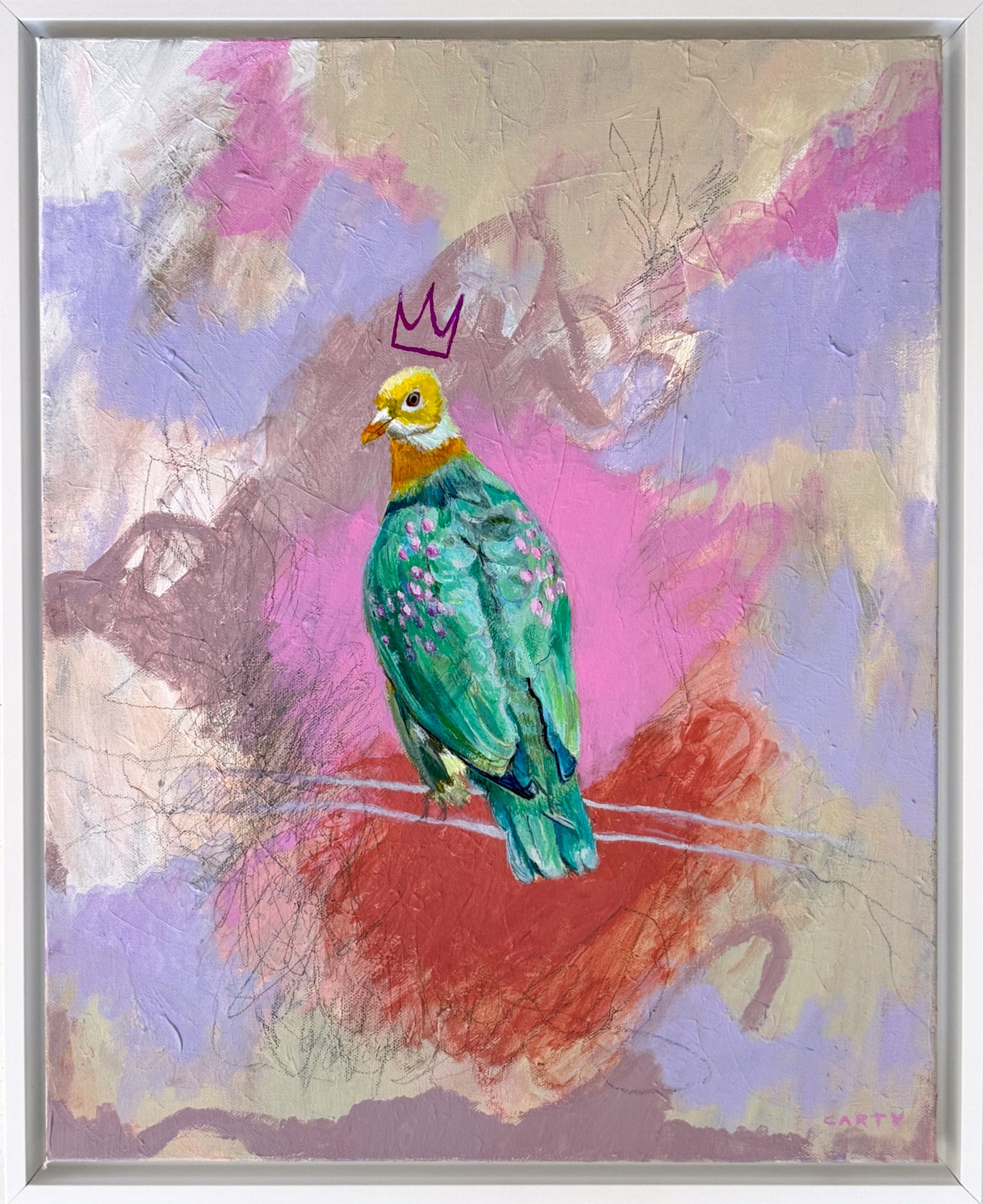 Colorful painting of a bird with a crown on an abstract background painted by Boston artist Megan Carty