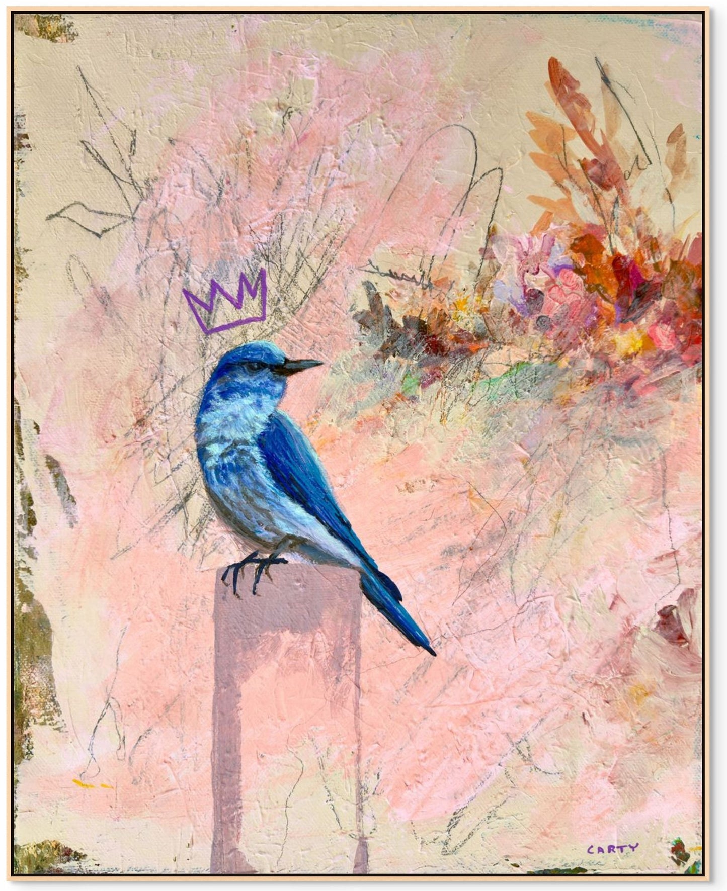 Painting of a blue bird with a crown on a colorful abstract background painted by New England artist Megan Carty