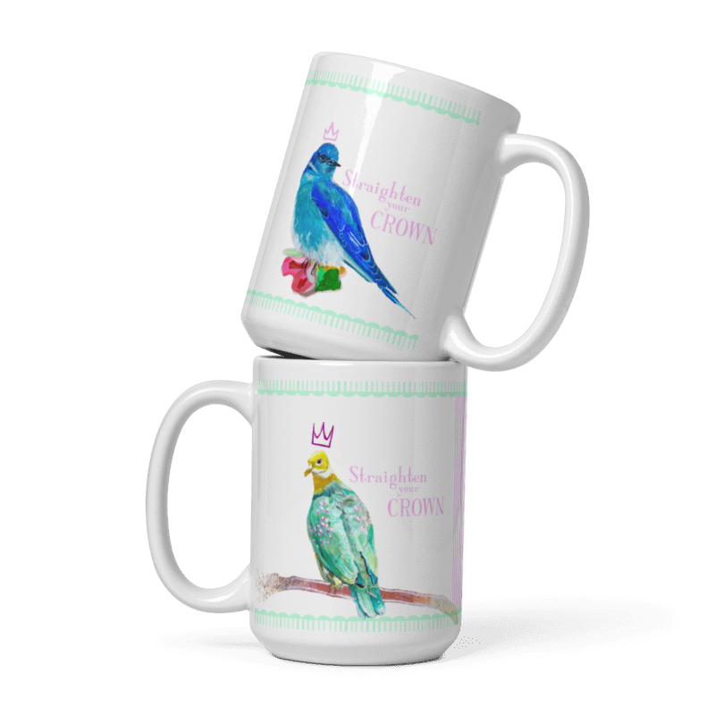 Two stacked mugs with bird illustrations and text on a white background, perfect gift for mother's day, birthday, or hostess gift.