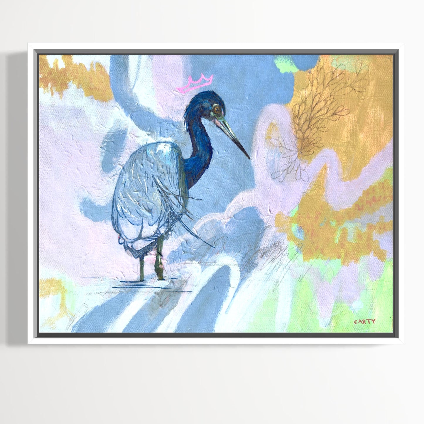 Framed artwork of a blue bird with abstract gold and pink background by New England painter Megan Carty