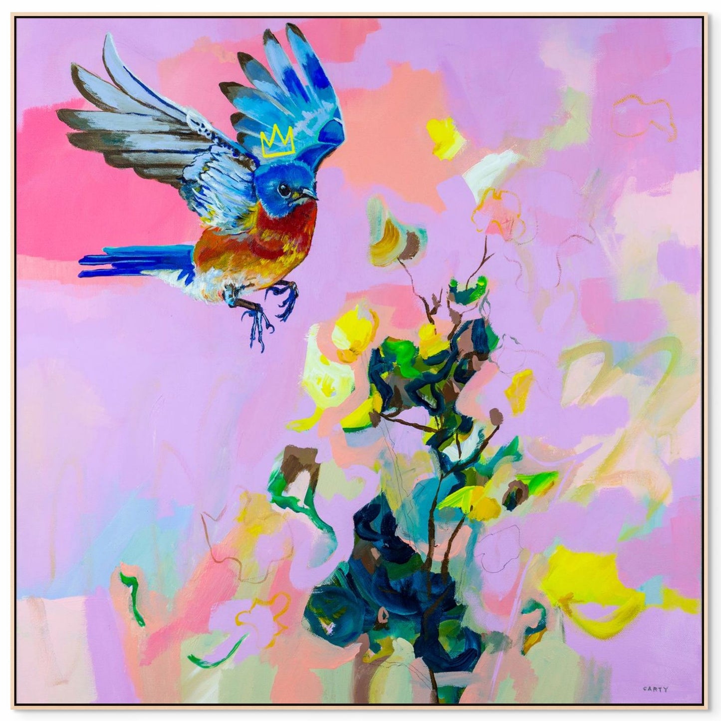 Framed abstract floral artwork with a bluebird and flowers painted by Boston area artist Megan Carty.