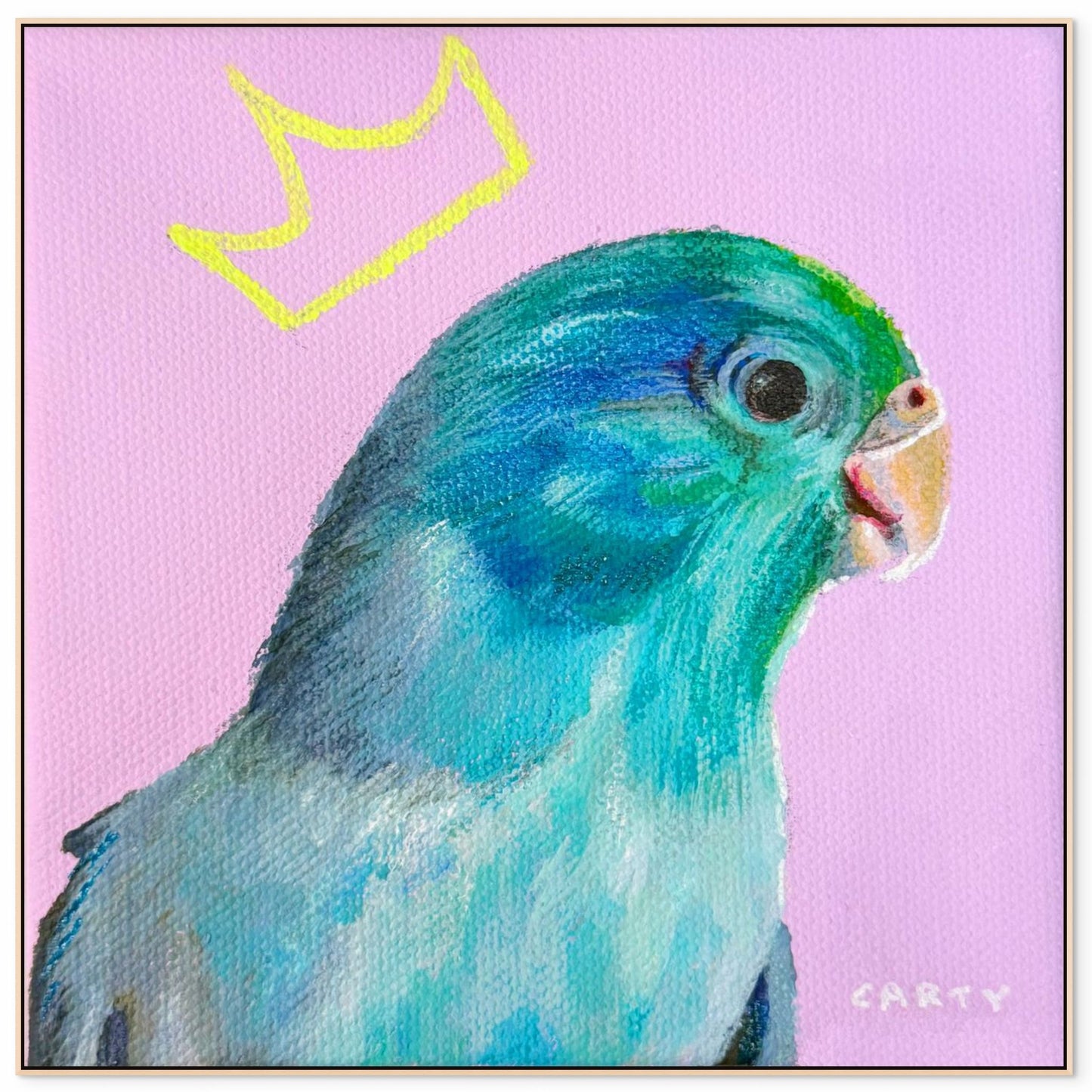 Artistic depiction of a blue parrot on a pink background with a yellow crown-like shape above, painted by New England artist Megan Carty