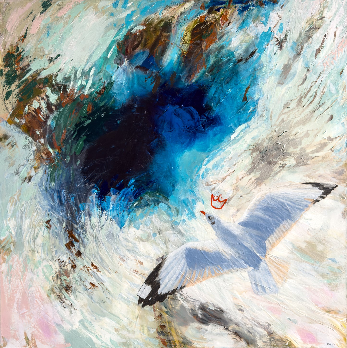 Abstract painting of a seagull near water with swirling colors by New England artist Megan Carty