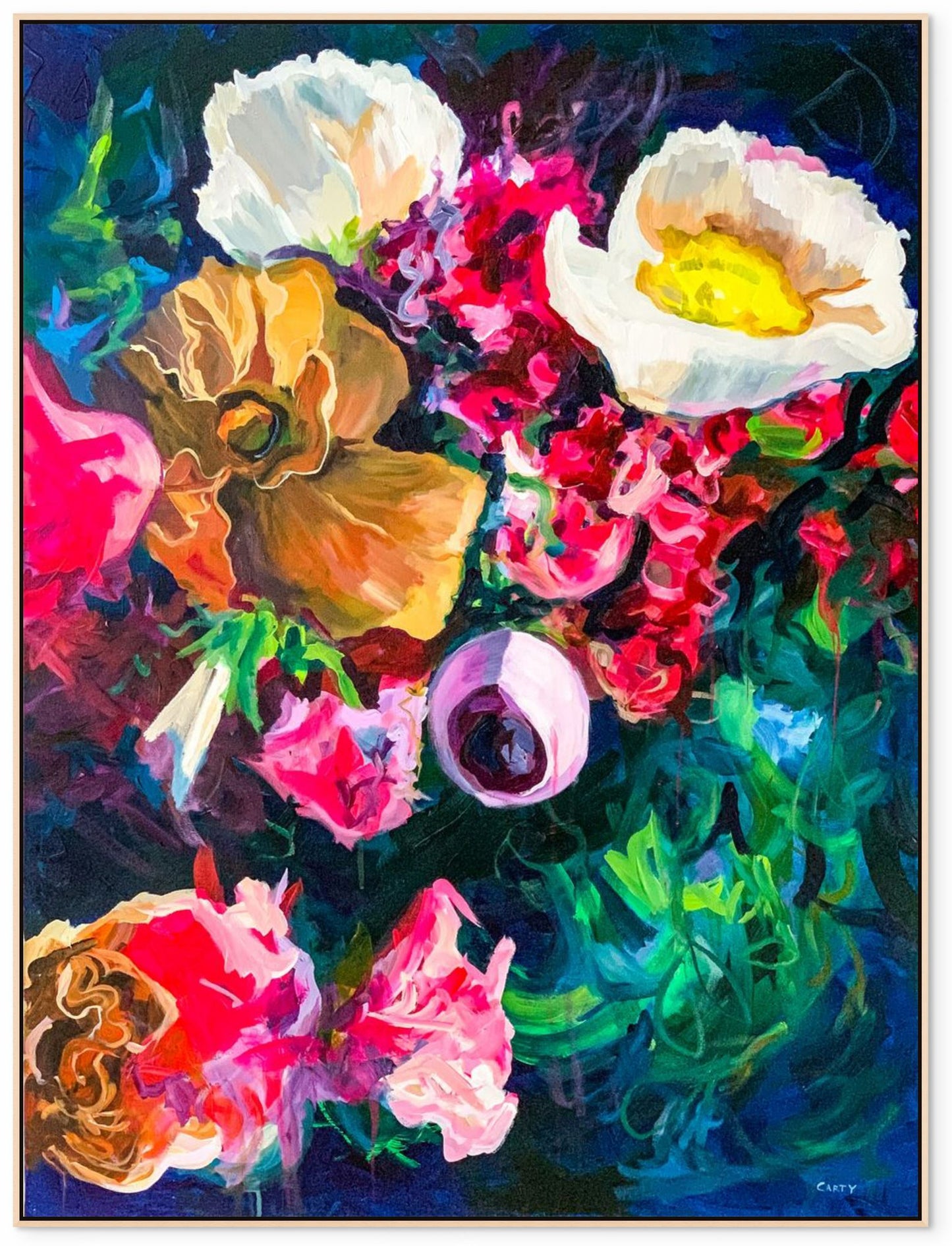Dark moody blue floral painting wall art print by Boston area artist Megan Carty