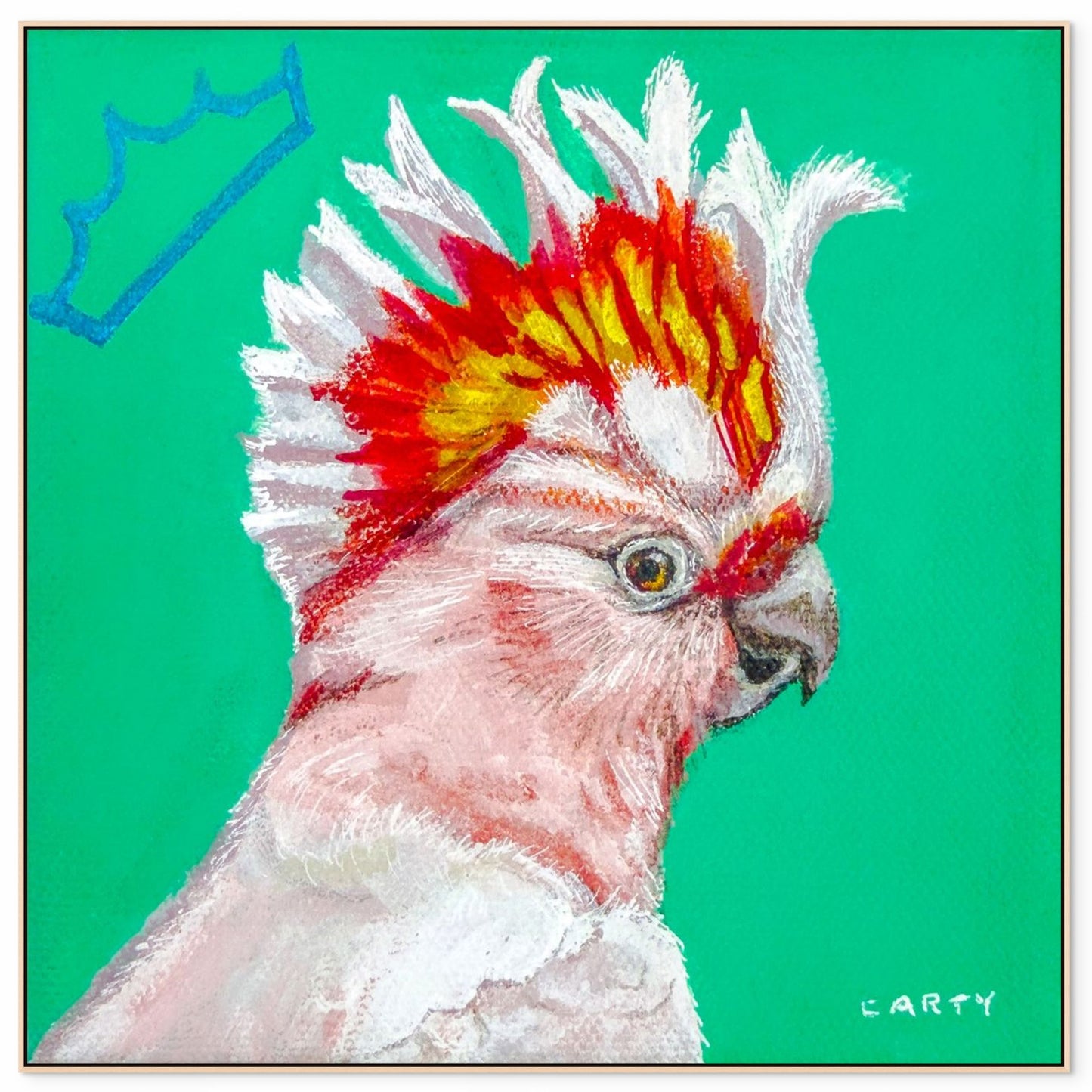 Framed artwork of a cockatoo on a green background, painted by Boston area artist Megan Carty