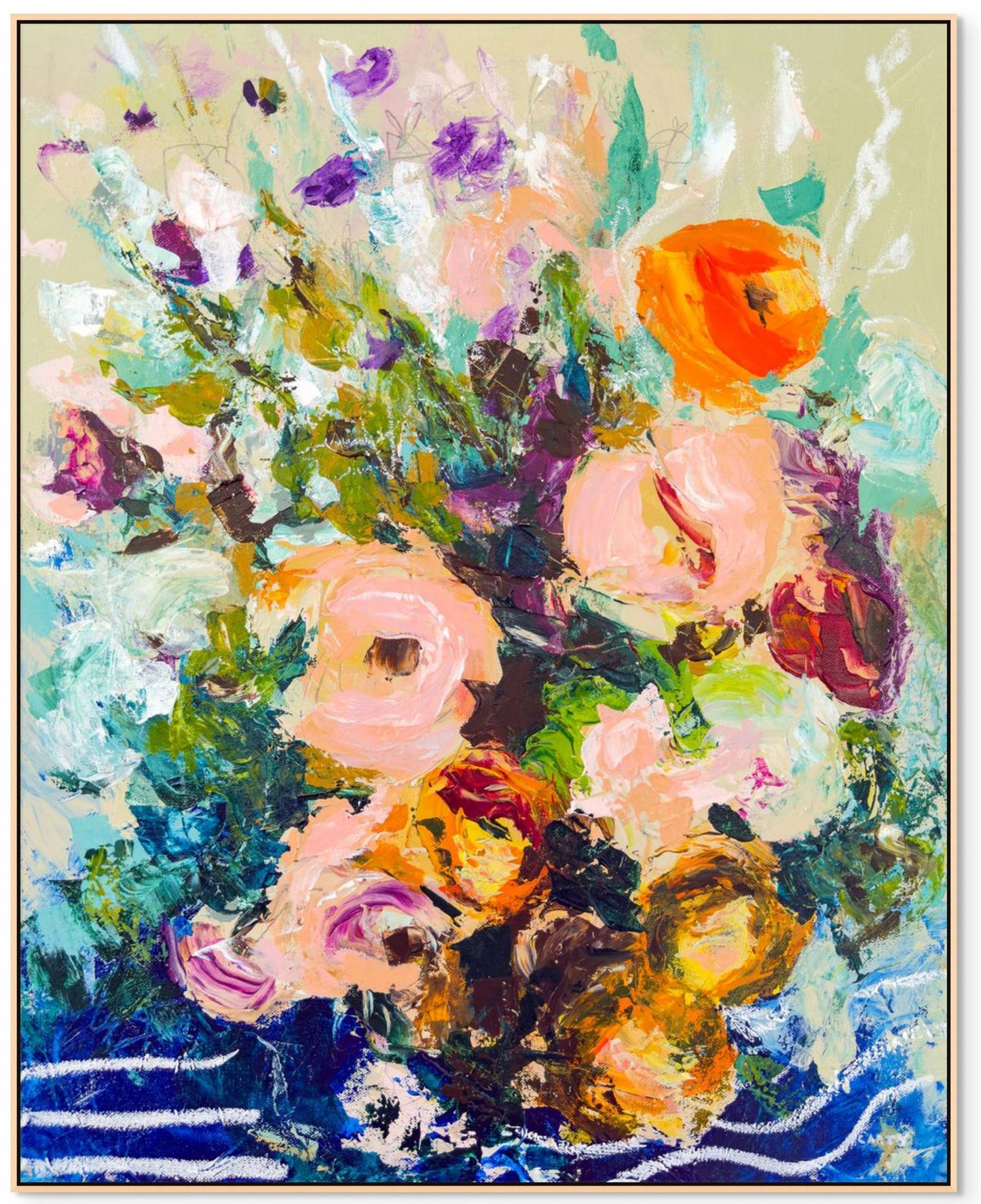 Colorful abstract floral painting with vibrant flowers on a beige background painted by New England artist Megan Carty