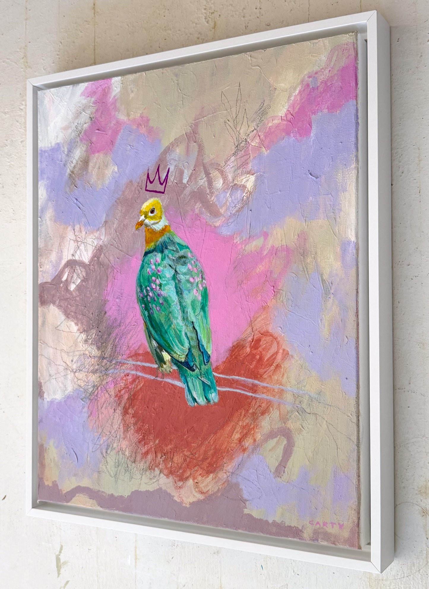Framed abstract bird artwork with a colorful bird on a branch by Boston artist Megan Carty