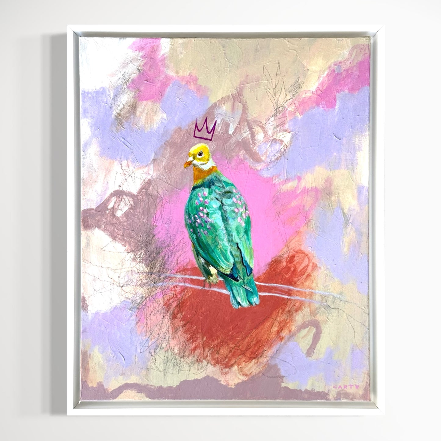 Framed artwork of a colorful bird with a crown on a abstract background painted by Groton, MA artist Megan Carty