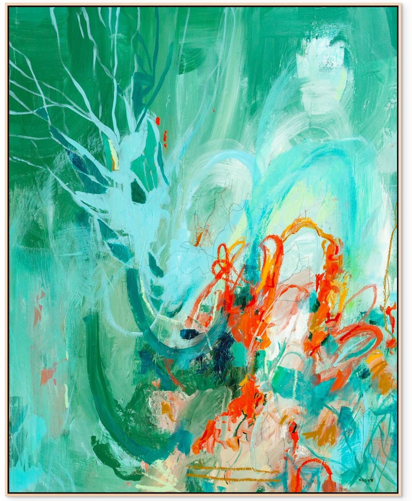 Abstract artwork with vibrant green, orange, and white colors by New England artist Megan Carty