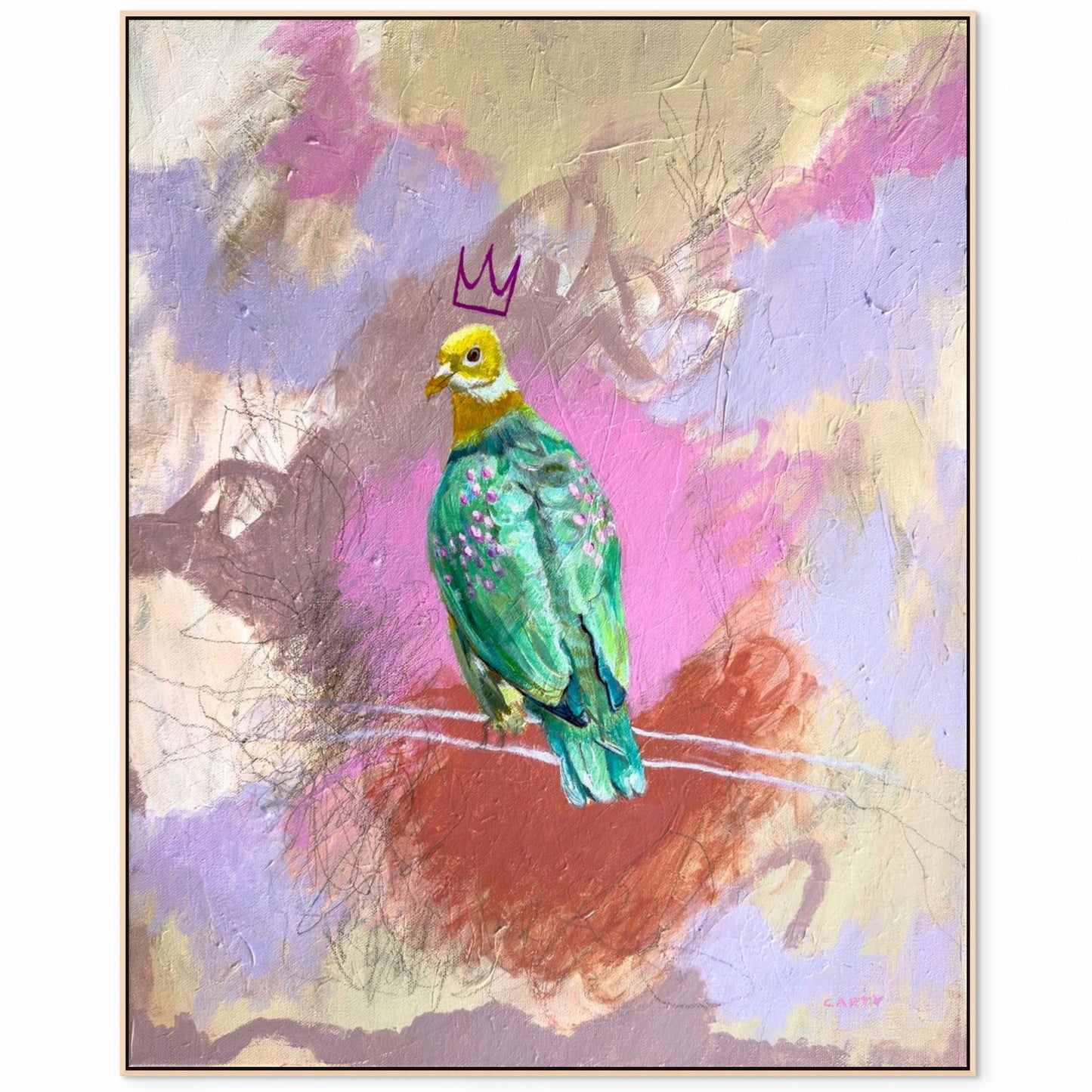 Framed artwork of a colorful fruit dove on a branch against a abstract pink and violet background, painted by New England artist Megan Carty