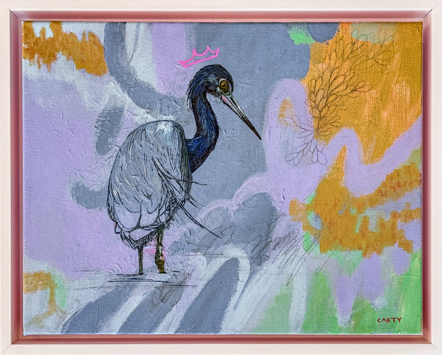 Artistic depiction of an egret bird with abstract background painted by New England artist Megan Carty