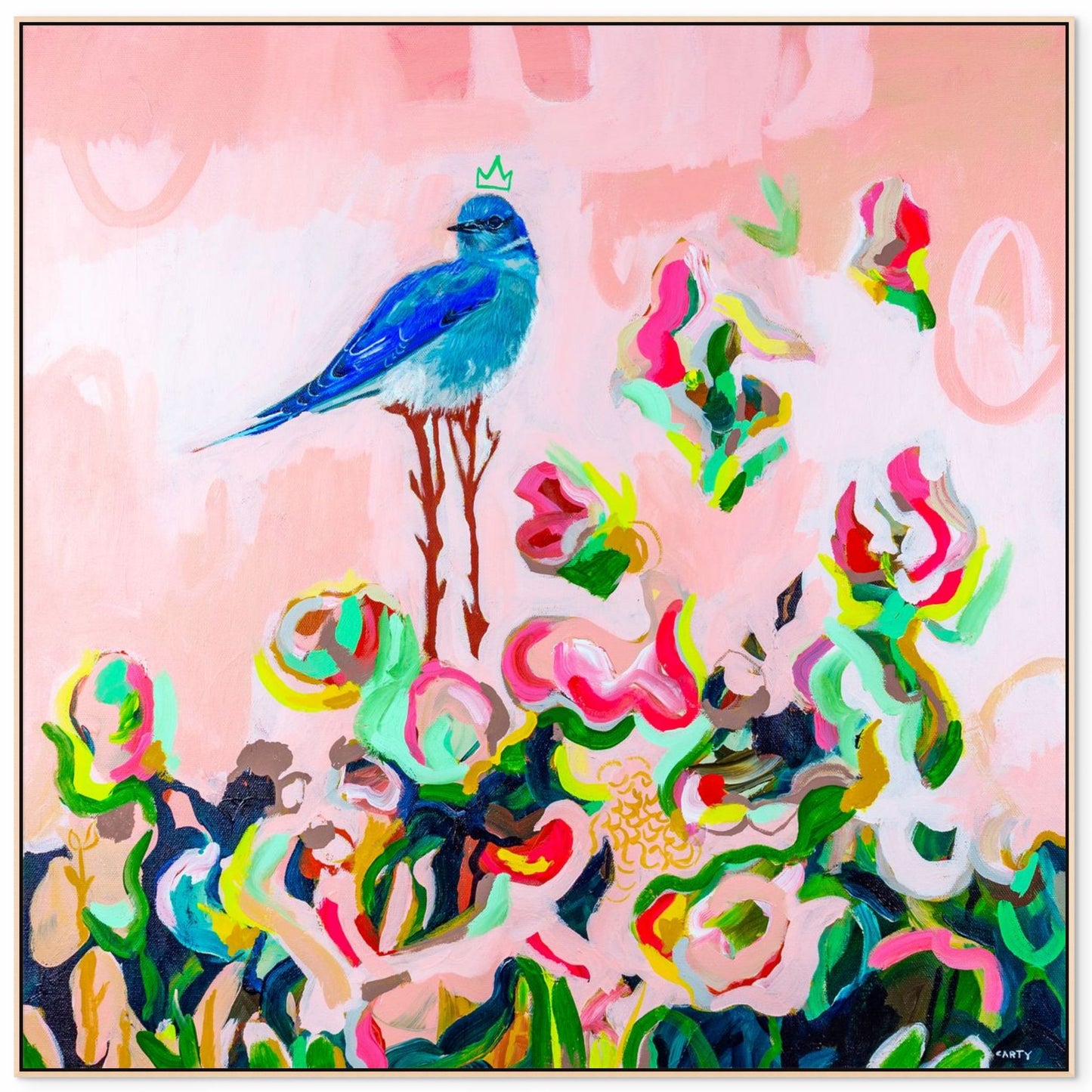 Framed abstract floral painting with a bluebird, painted by Boston area artist Megan Carty