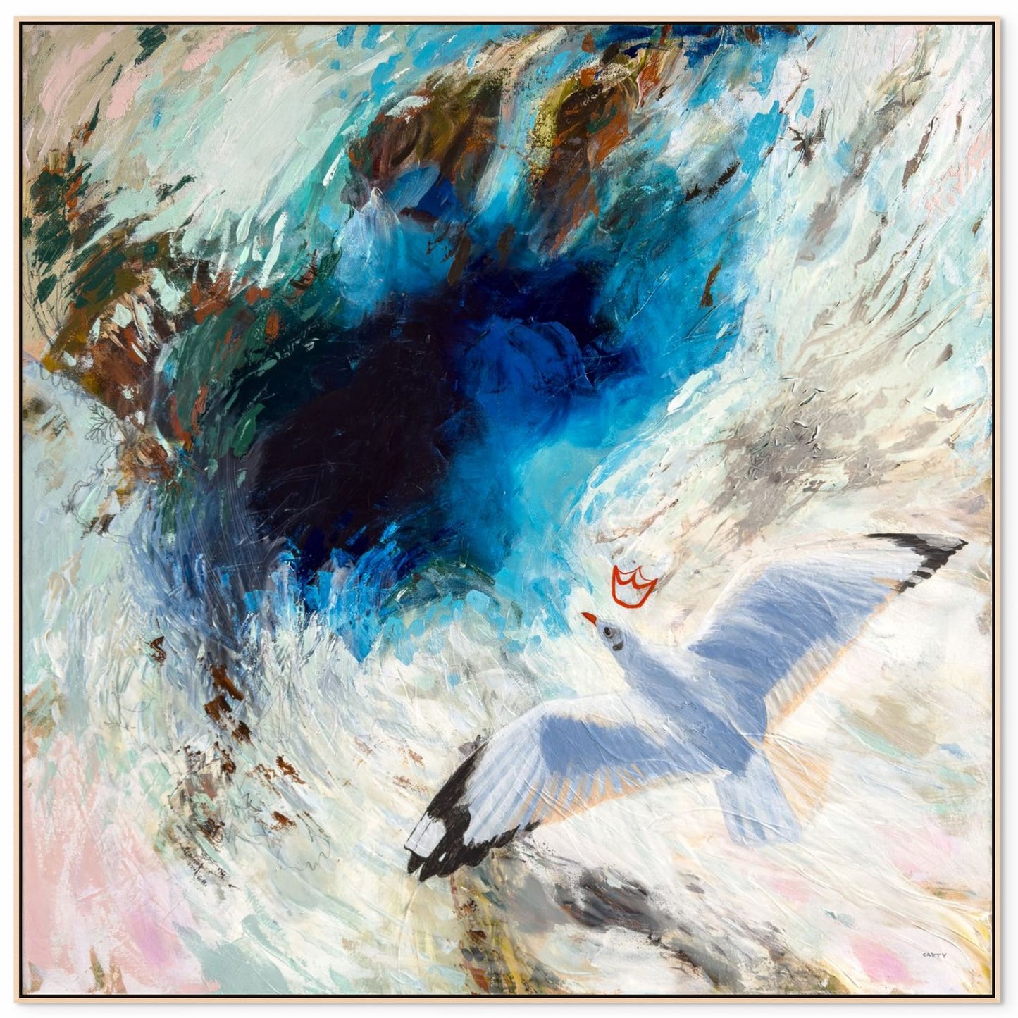 Framed abstract artwork of a crowned seagull flying painted by New England artist Megan Carty