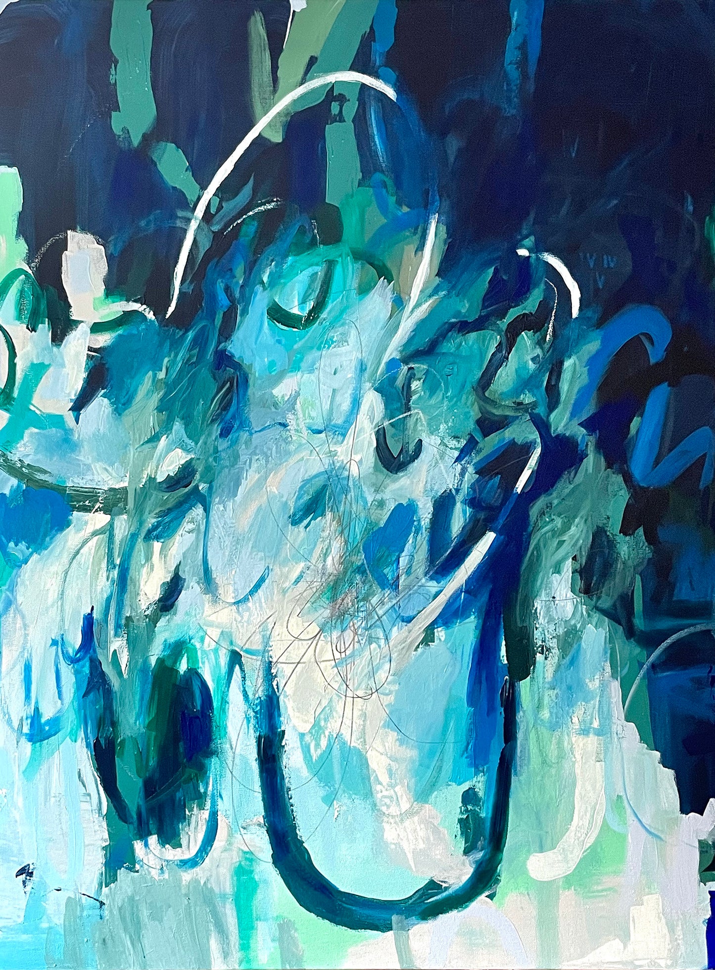 Abstract painting with blue and green hues on a dark background in energetic brushstrokes by Megan Carty