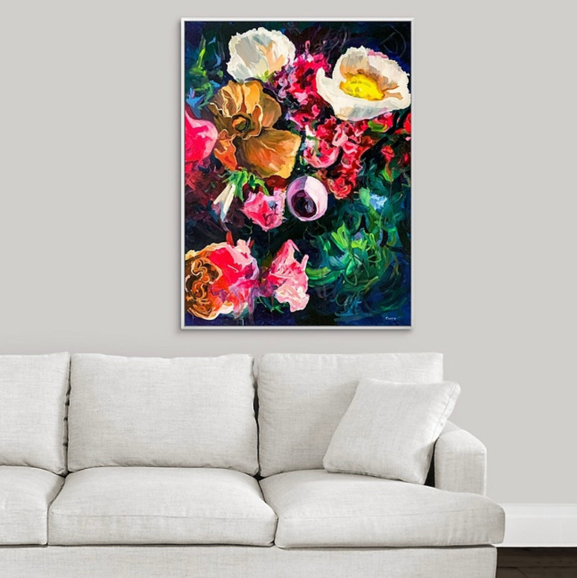 Dark moody blue floral painting by Boston white sofa