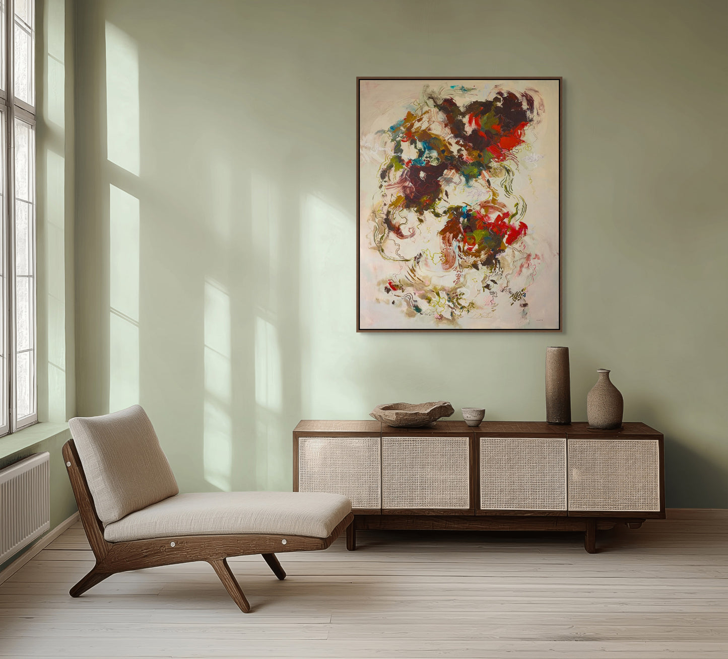 Mid-century modern living room with a wooden bench, sideboard, and large modern abstract painting by Boston area artist Megan Carty on a light green wall.