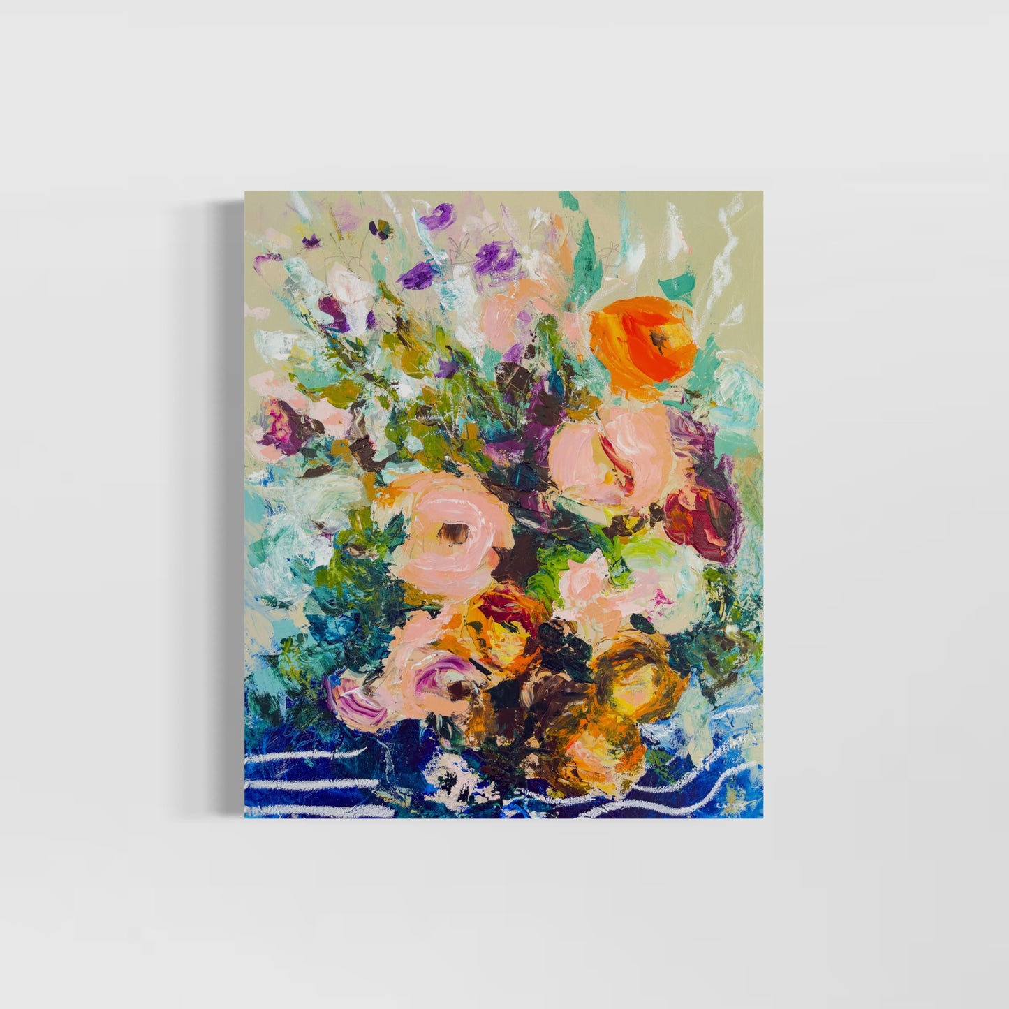 Abstract floral painting detail shot painted by Boston area artist Megan Carty hanging on a white wall