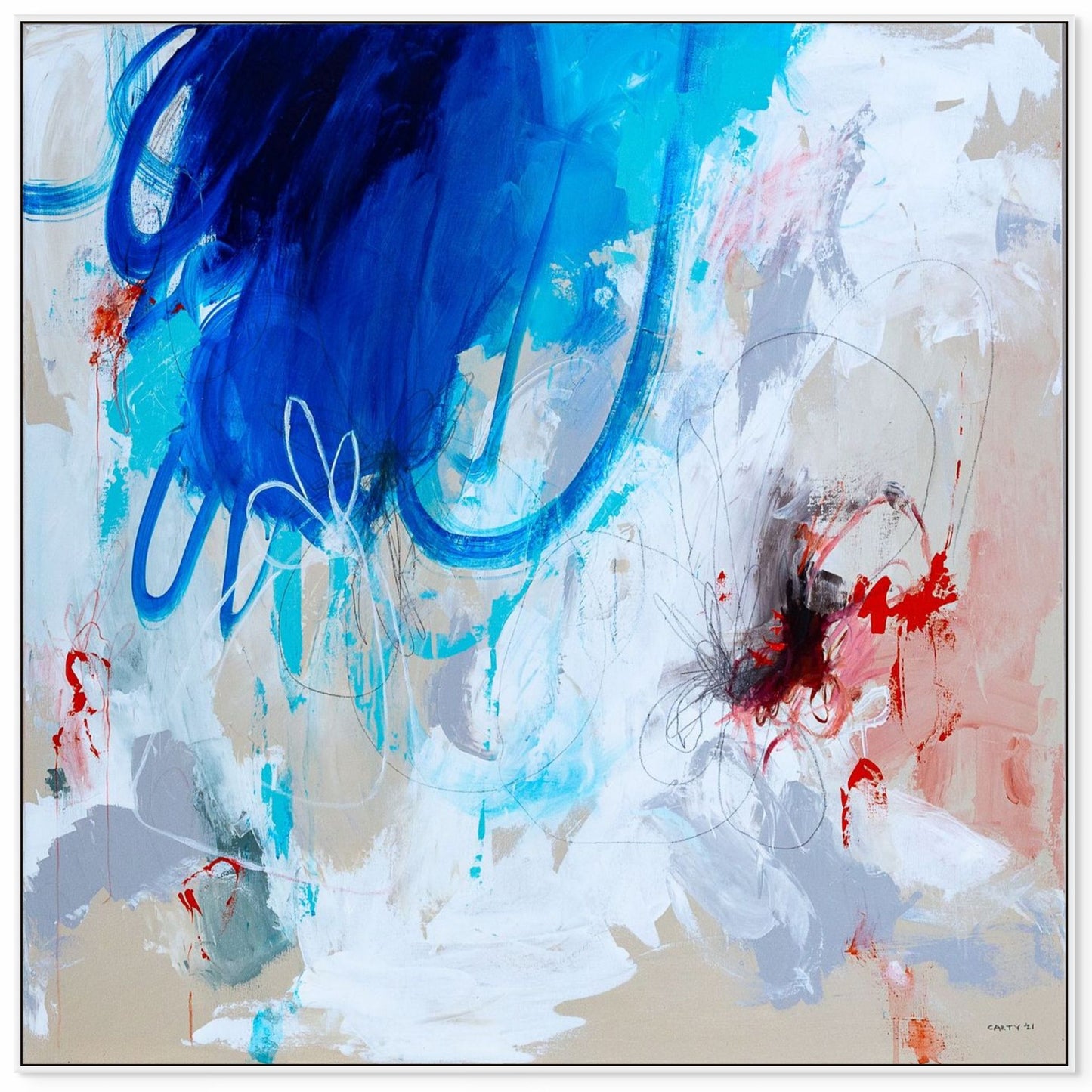 square modern Abstract painting wall art print with blue, white, red, and gray colors on a beige background by Boston area artist Megan Carty