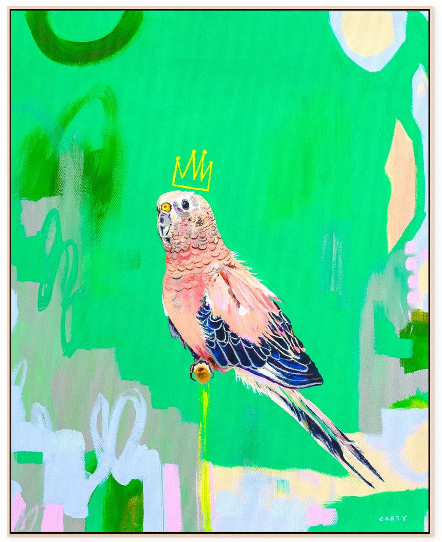 Colorful parrot illustration with a crown on a green background painted by New England Artist Megan Carty.
