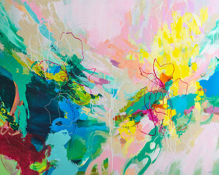 Abstract artwork with vibrant colors that feel like Lily Pulitzer on a light pink background, painted by Boston artist Megan Carty