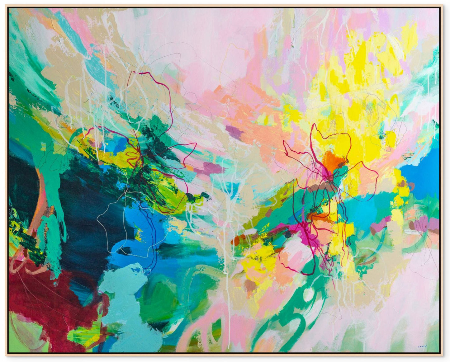 Colorful palm beach vibes intuitive abstract painting by Boston area artist Megan Carty on a gray wall with a stack of books and a plant below.