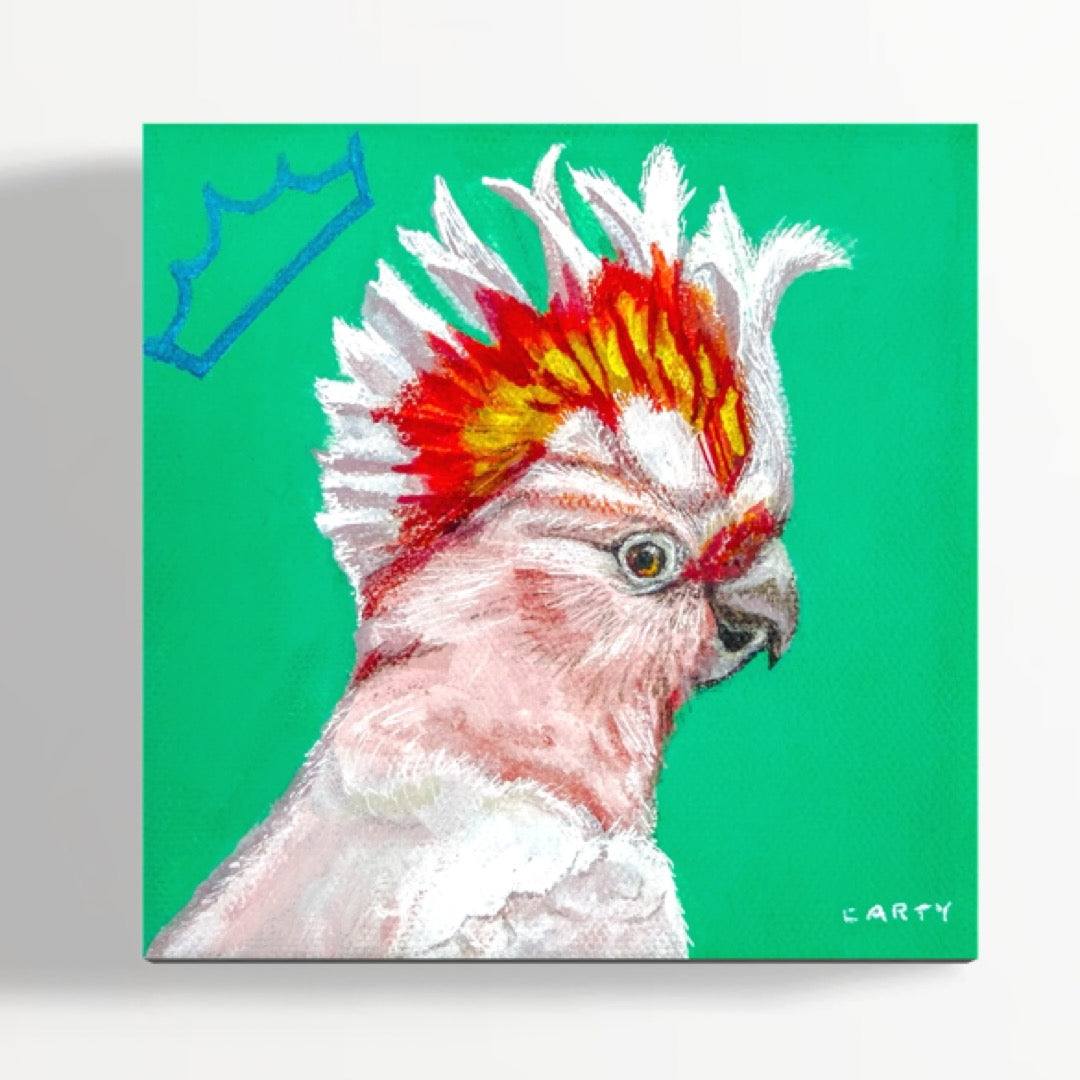 Artistic depiction of a cockatoo with a red and yellow crest on a green background painted by New England artist Megan Carty