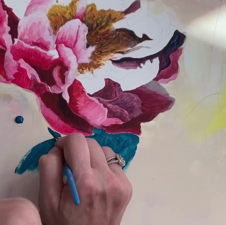 Megan Carty, new england artist, painting a peony on an abstract floral painting