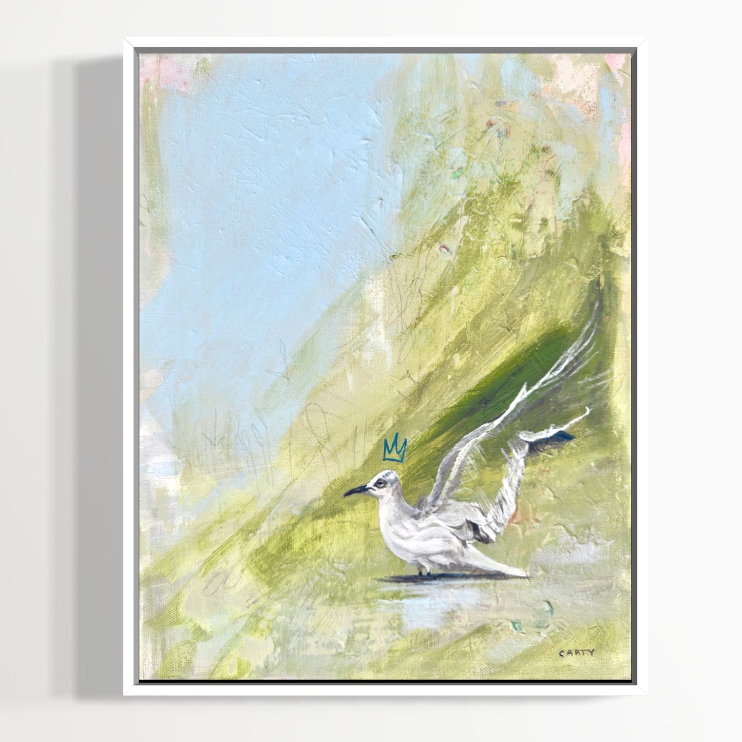 Abstract painting of a bird on a green and blue background painted by New England artist Megan Carty