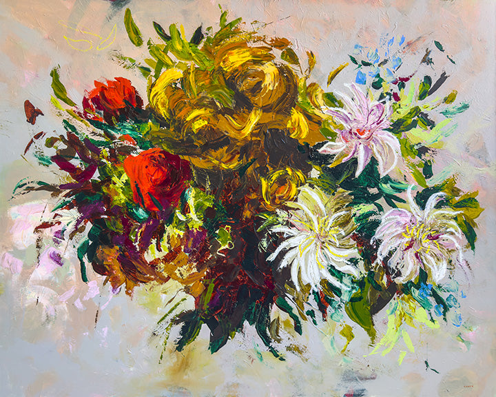 Colorful, large, warm, abstract floral painting with a variety of flowers on a textured background, painted by Boston artist Megan Carty. Tuscan vibes. South of France vibes. Rustic, chic art.